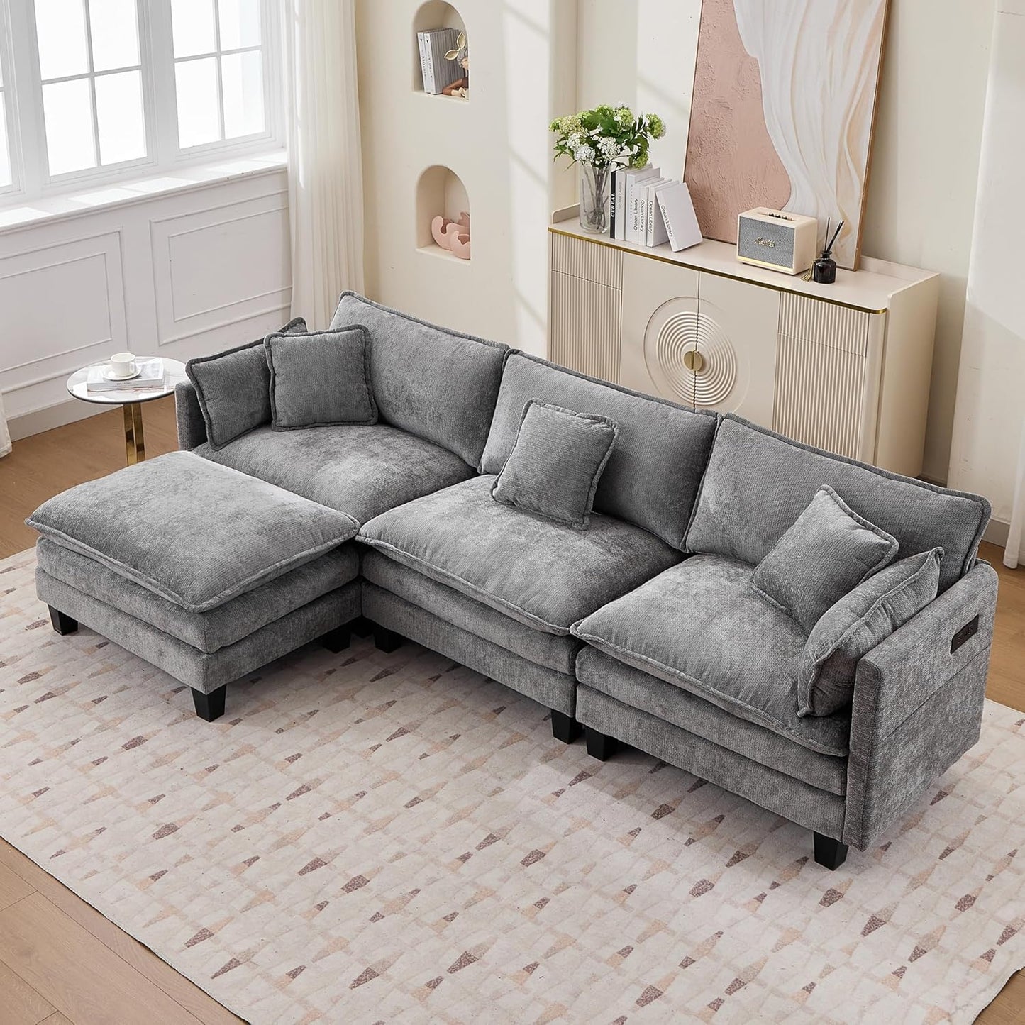Opiesit Modular Sectional Sofa with Movable Ottoman, 110" 4-Seat Modern Couches for Living Room, Comfy L Shaped Couch Set with Deep Seat for Office and Apartment, Grey Chenille Fabric