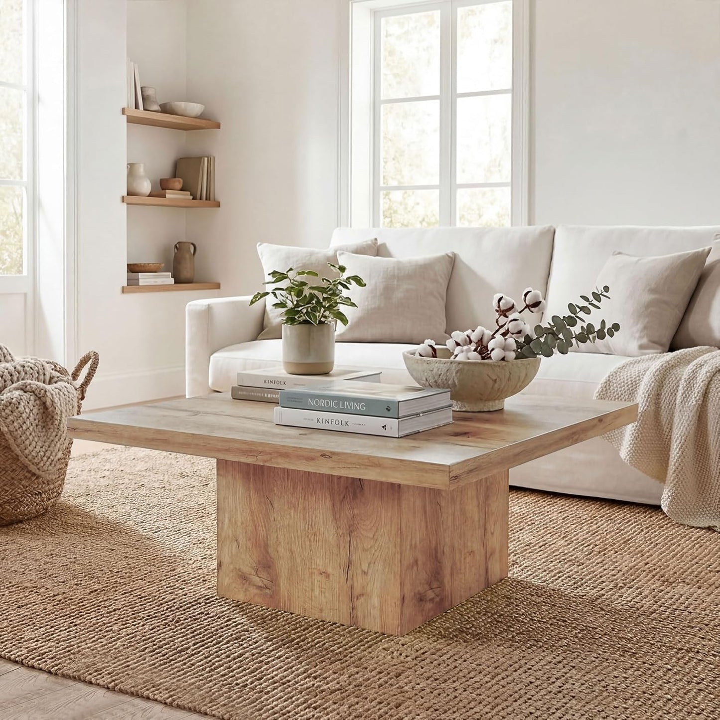 HOMCOM Square Coffee Table, Center Table with 1.6" Thick Tabletop for Living Room, Easy Assembly, 31.5"x31.5", Light Brown Wood Grain