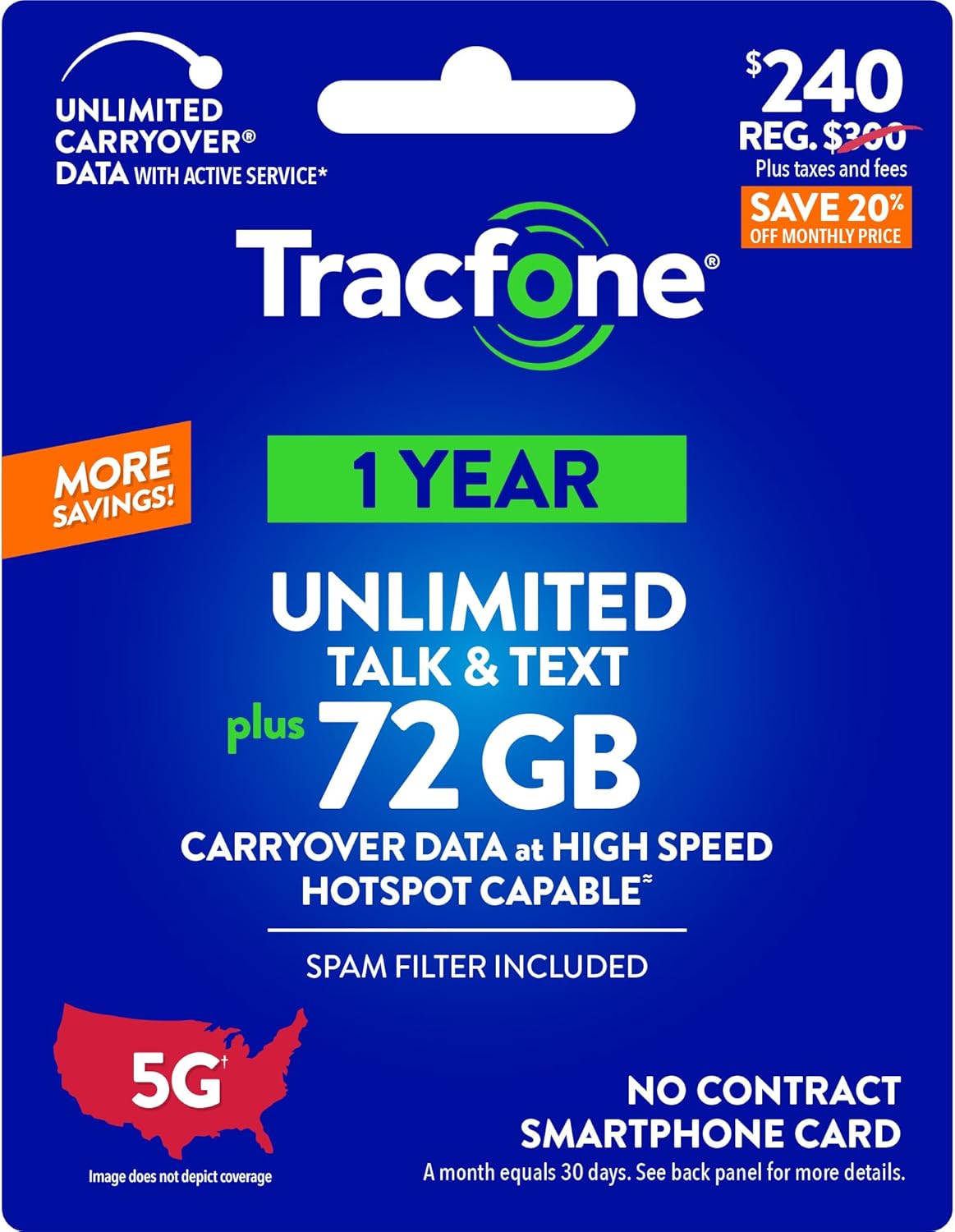 Tracfone $240 Unlimited Talk & Text, 72 GB of Data / 365 Days (Physical Card)