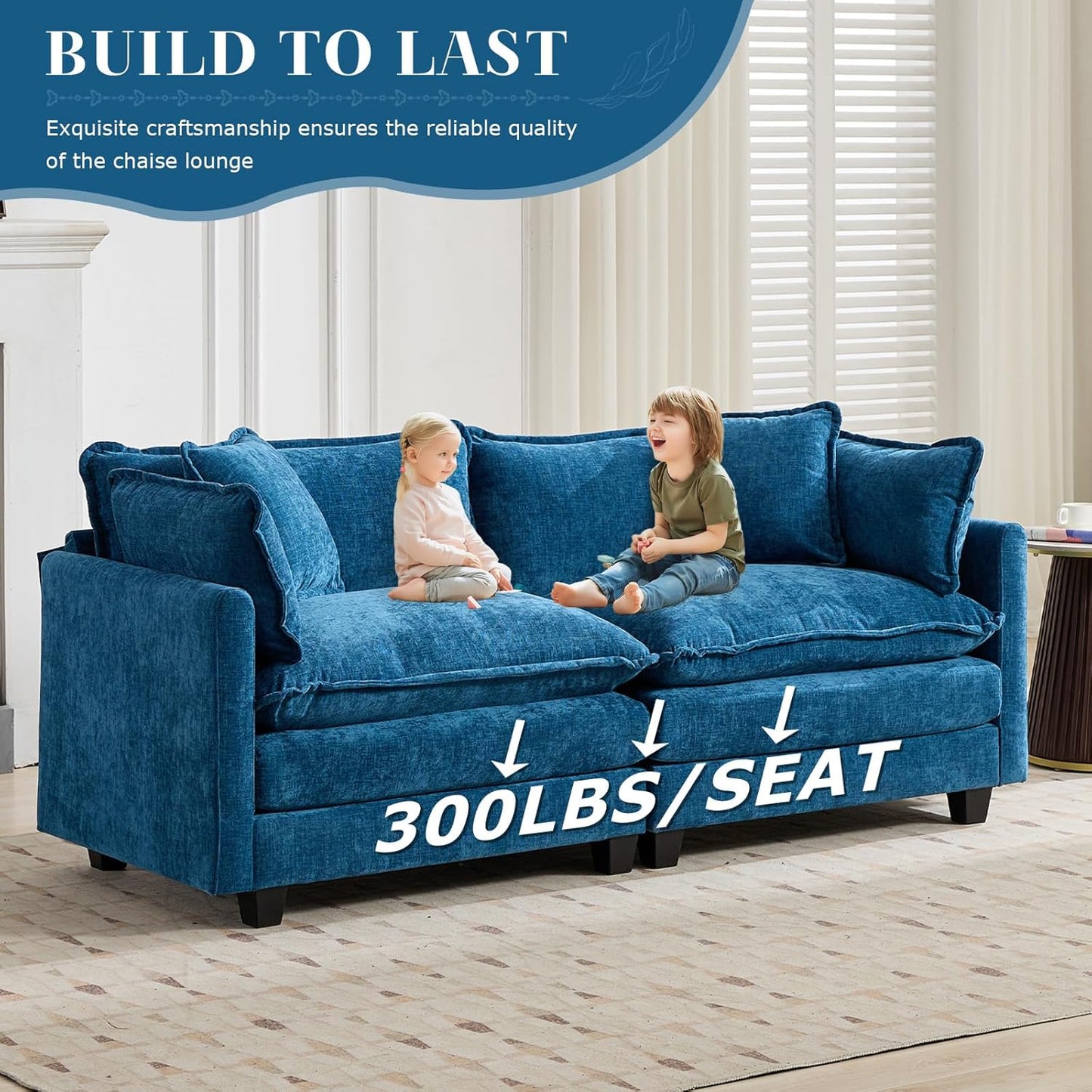 SoarFlash 113.78" Chenille Sectional Sofa, Comfy L Shaped Modular Coush Sofa with Ottoman, Modern 4 Seat Couch Deep Seat Sofa Set for Living Room,Blue