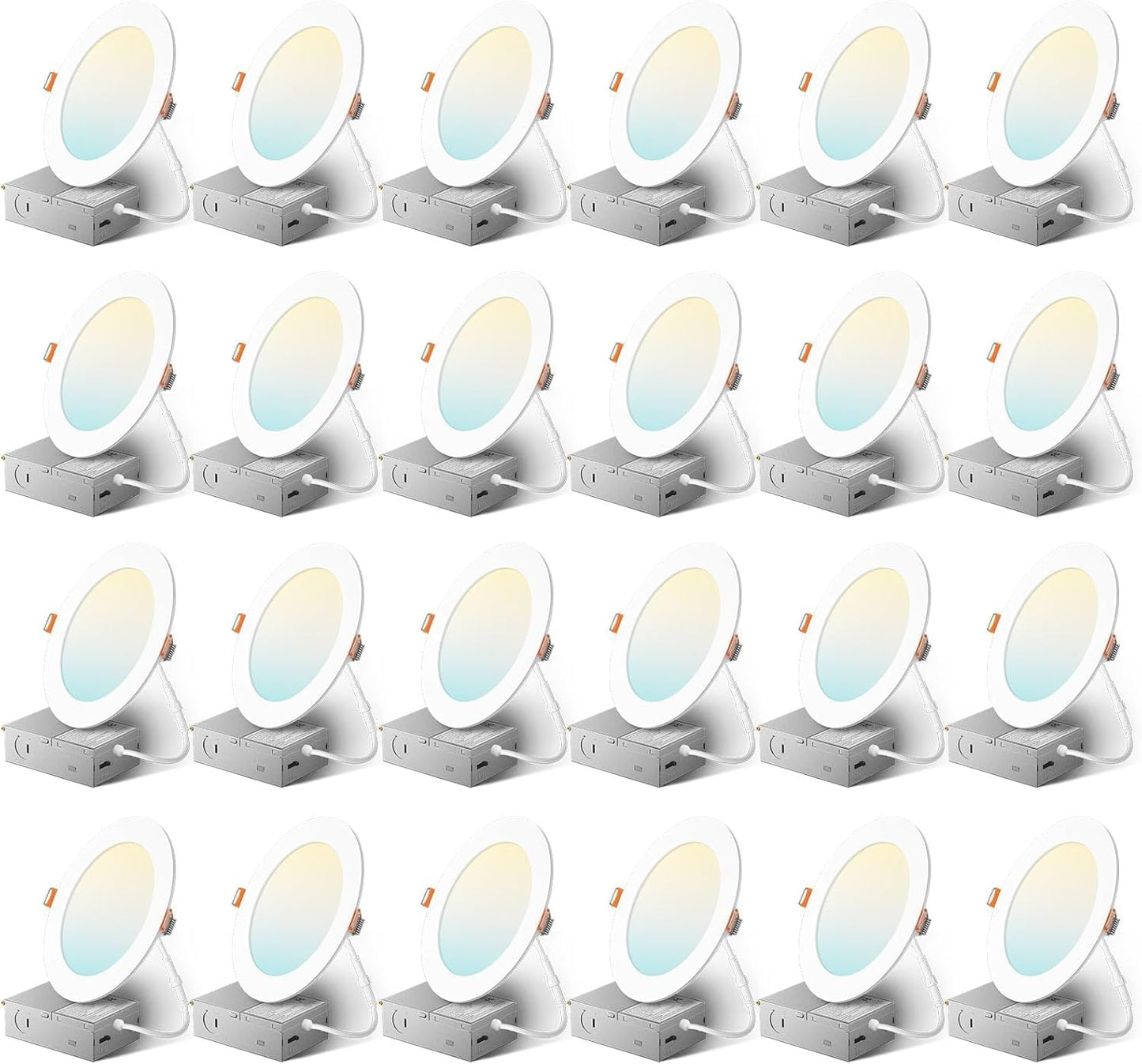 Amico 24 Pack 6 Inch 5CCT Ultra-Thin LED Recessed Ceiling Light with Junction Box, 2700K/3000K/3500K/4000K/5000K Selectable, 1050 Lumens, Dimmable Canless Wafer Downlight, 12W Eqv 110W-ETL&FCC