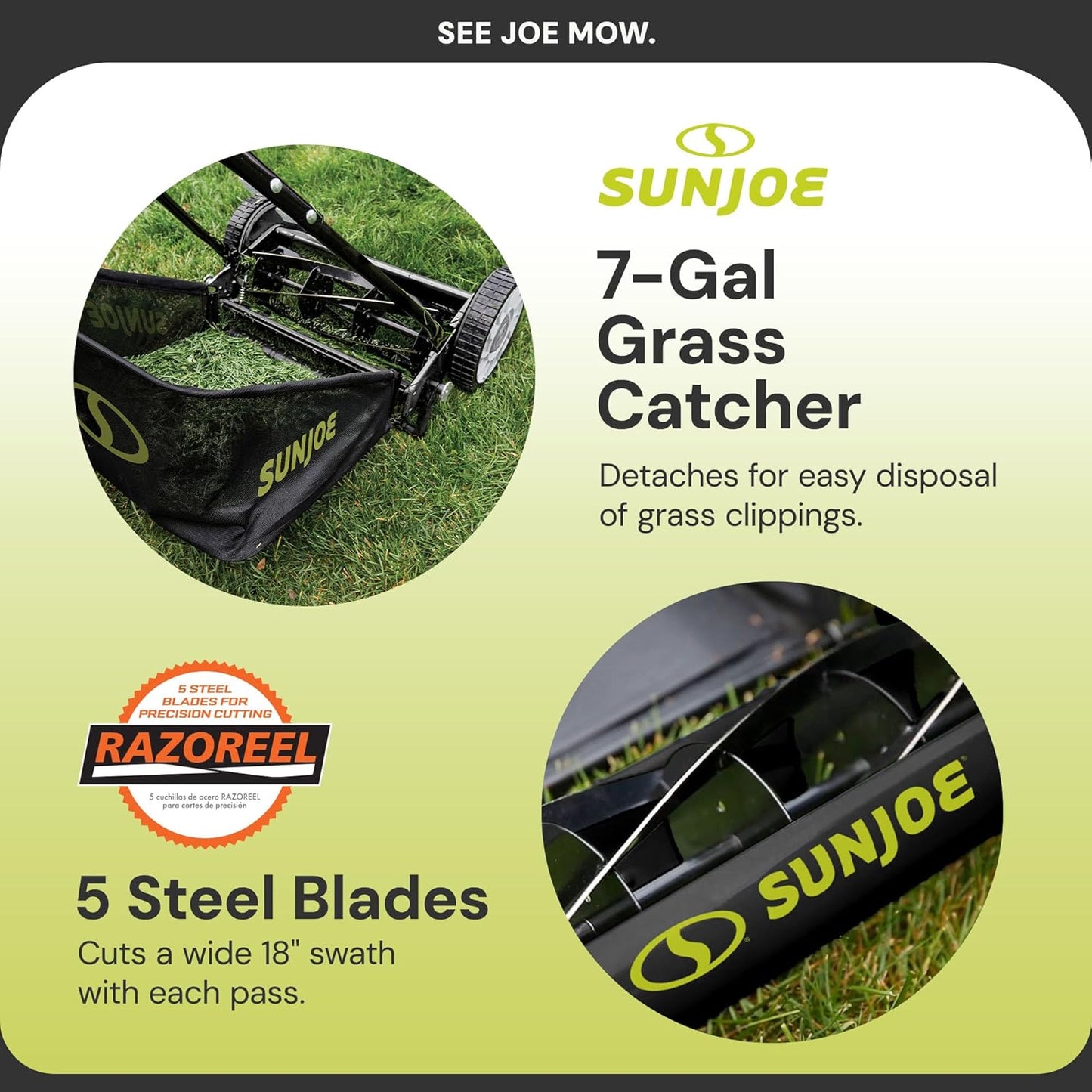 Sun Joe MJ501M w/ 7-Gallon Detachable Grass Catcher, 9-Position Height Adjustment, 5 Steel Blades, Compact Design, 18-Inch Manual, Green/Black