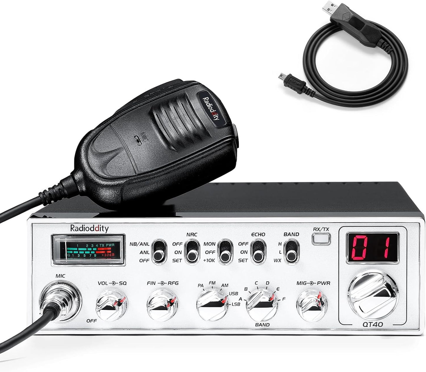 Radioddity QT40 10 Meter SSB Ham Radio, Digital Noise Reduction 40W High Power Amateur Radio with NOAA Alert, AM/FM/PA Mobile Transceiver with CTCSS/DCS, USB Programming Cable, Perfect for Truck