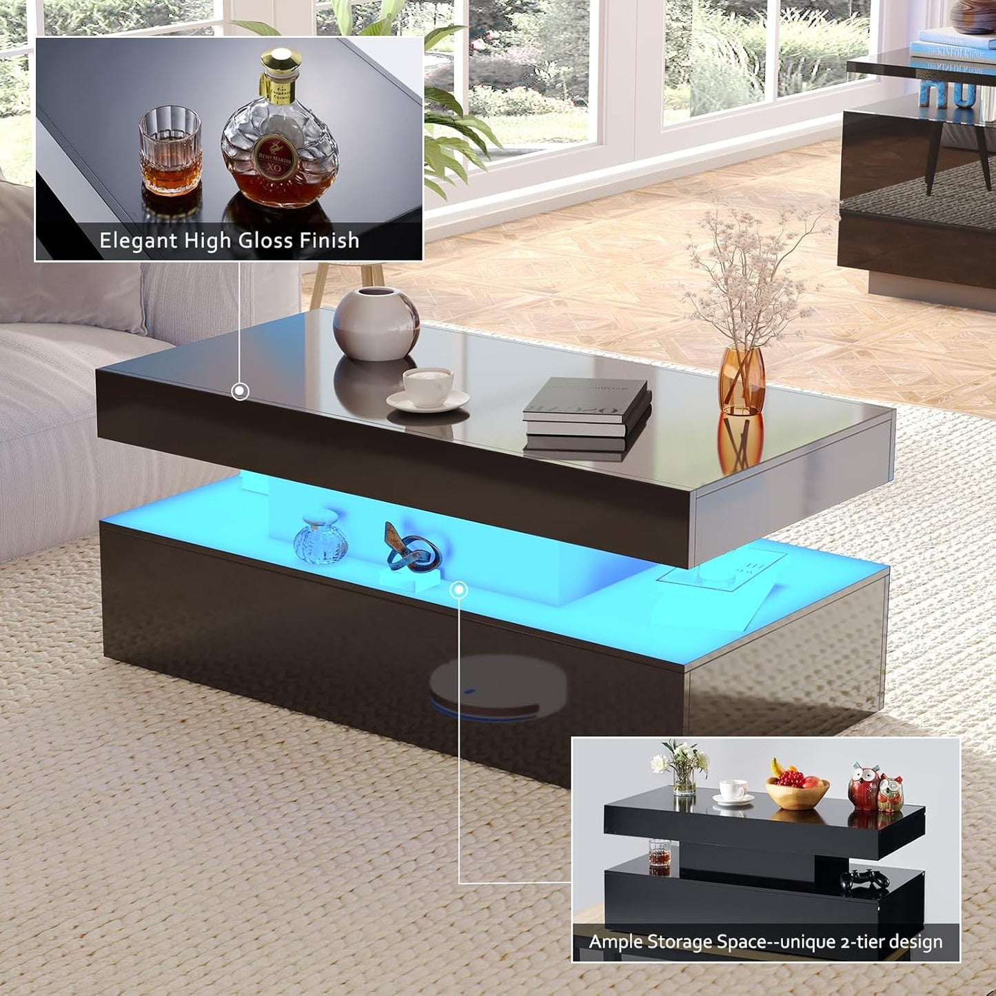 AMERLIFE 5 Piece Modern Living Room Table Set, Includes 80" Fireplace TV Stand, 2-Tier Coffee Table, 2 X Side Tables with Charging Station, LED Media Furniture, Black