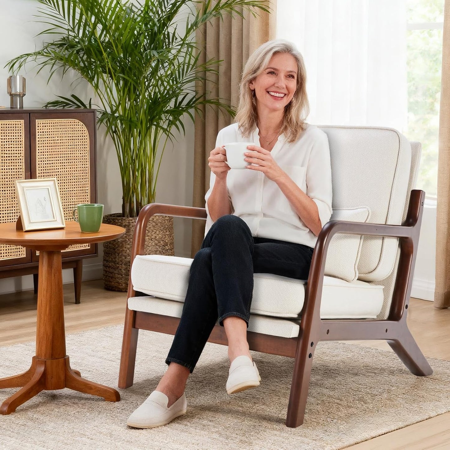 DUMOS Accent Chairs Set of 2,Mid Century Modern Chair with Arms and Waist Cushion, Reading Chairs for Adults, Lounge Chair for Living Room and Bedroom, Solid Wooden Frame, Cream