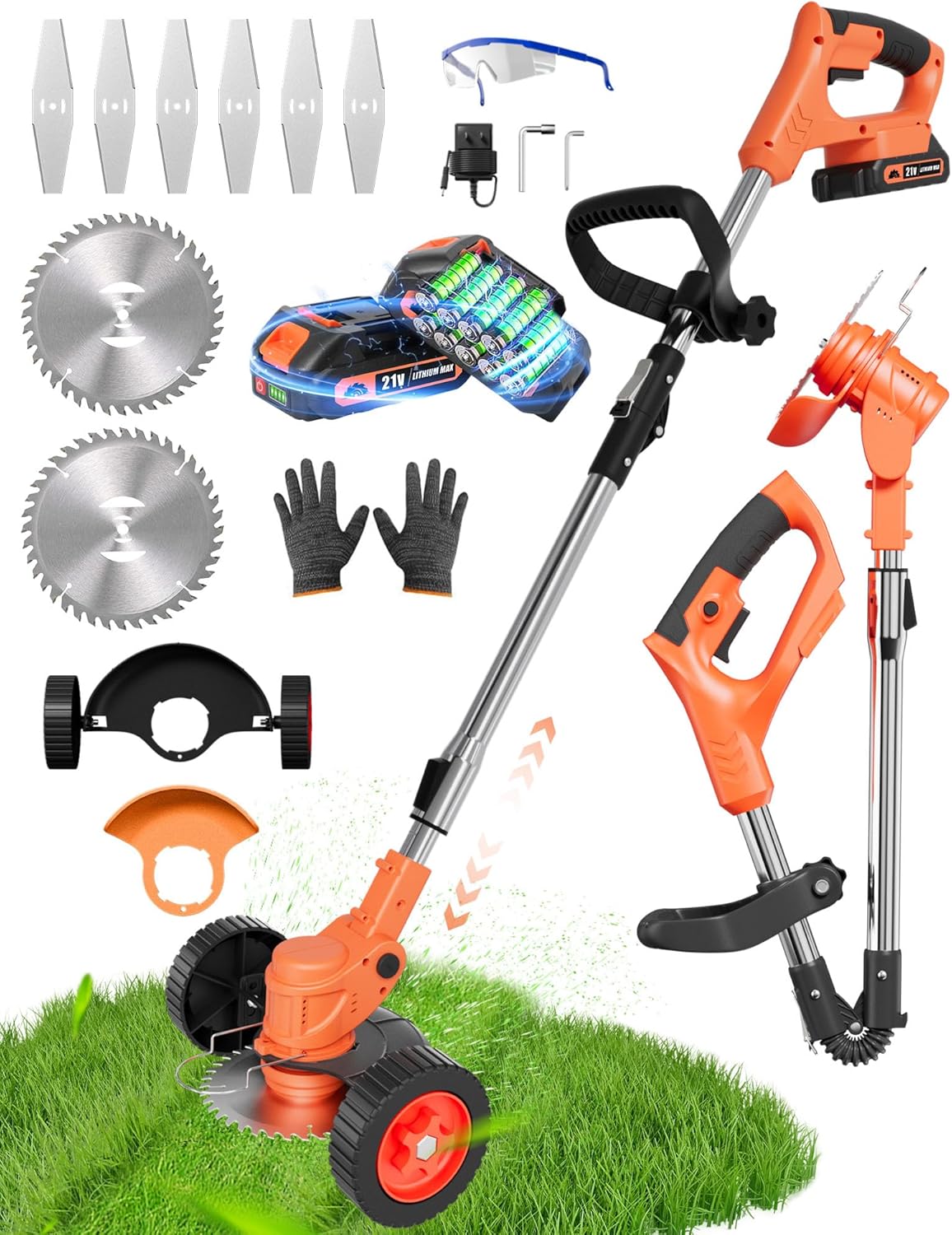 Cordless Weed Wacker, 21V 2-in-1 Lightweight Stringless Weed Wacker, Foldable 2.0Ah Battery Powered Weed Trimmer, Grass Trimmer/Brush Cutter/Edger Lawn Tool for Yard Lawns Garden