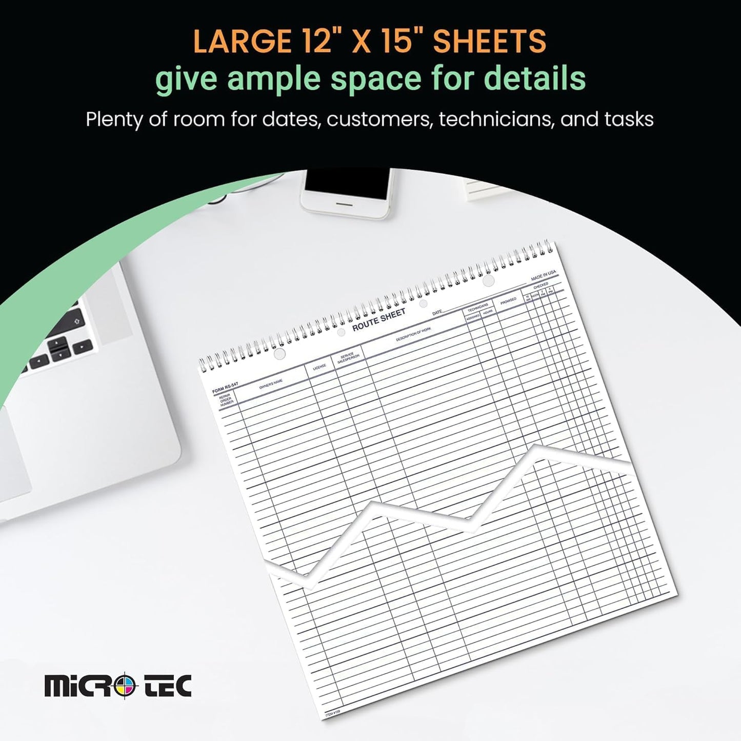 MICRO TEC Daily Service Route Sheets – 12" x 15" Daily Schedule & Appointment Sheets – Spiral Bound Route Planner on 100# Tag Stock Paper – Blue Ink Print – 100 Pages/Book (Book of 5)