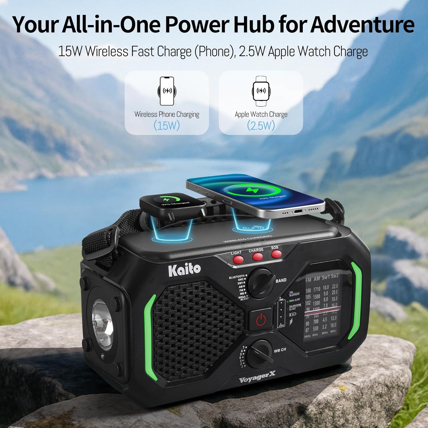 Kaito Voyager X Emergency Radio with NOAA Weather Alert AM/FM/Shortwave Solar & Hand Crank Power Wireless Charging SOS Alarm, LED Flashlight & Reading Lamp Survival & Preparedness Gear (Black)