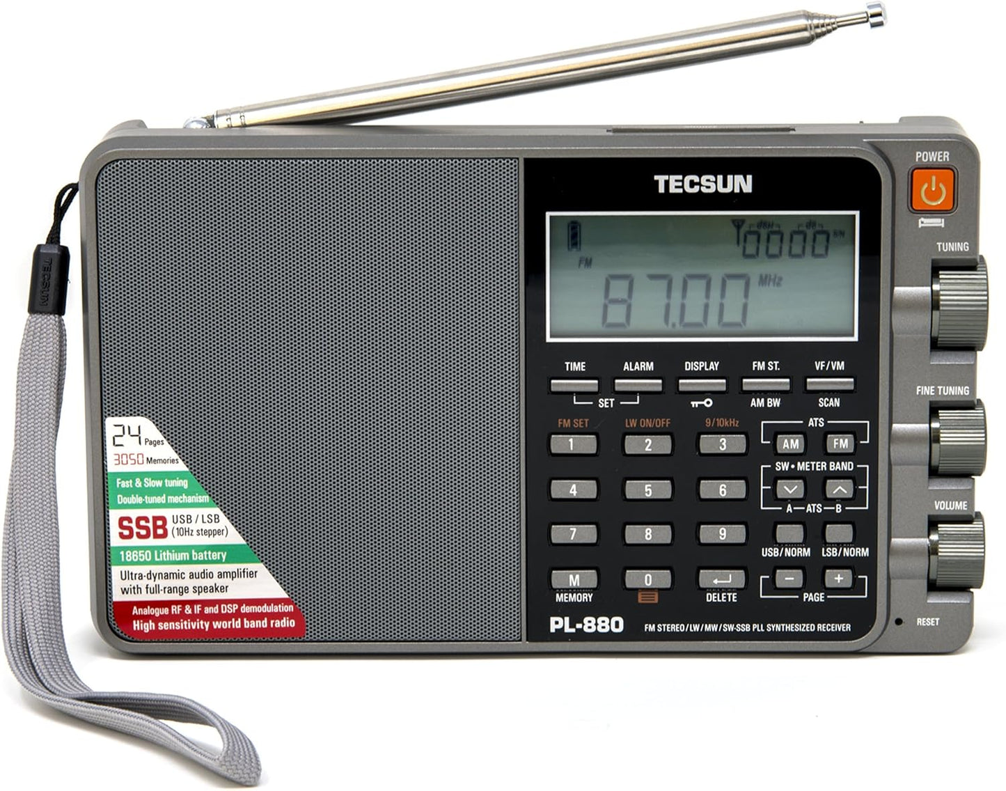 Tecsun PL880 Portable Digital PLL Dual Conversion AM/FM, Longwave & Shortwave Radio with SSB (Single Side Band) Reception, Color Silver