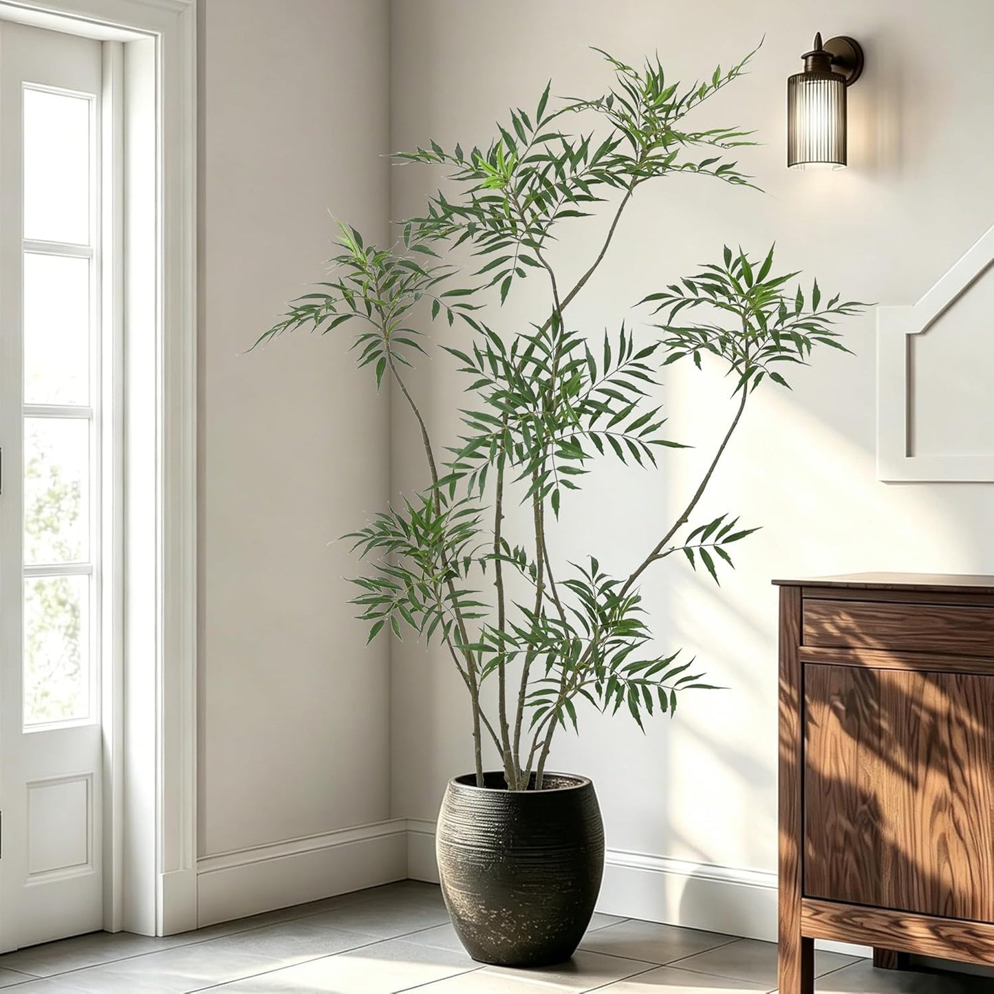 Artificial Mahonia Fortunei Tree 6FT - Faux Trees Indoor with 576 Lifelike Vivid Leaves and 7 Heads, 72" Tall Fake Potted Plant for Home Office Living Room Decor Housewarming Gift