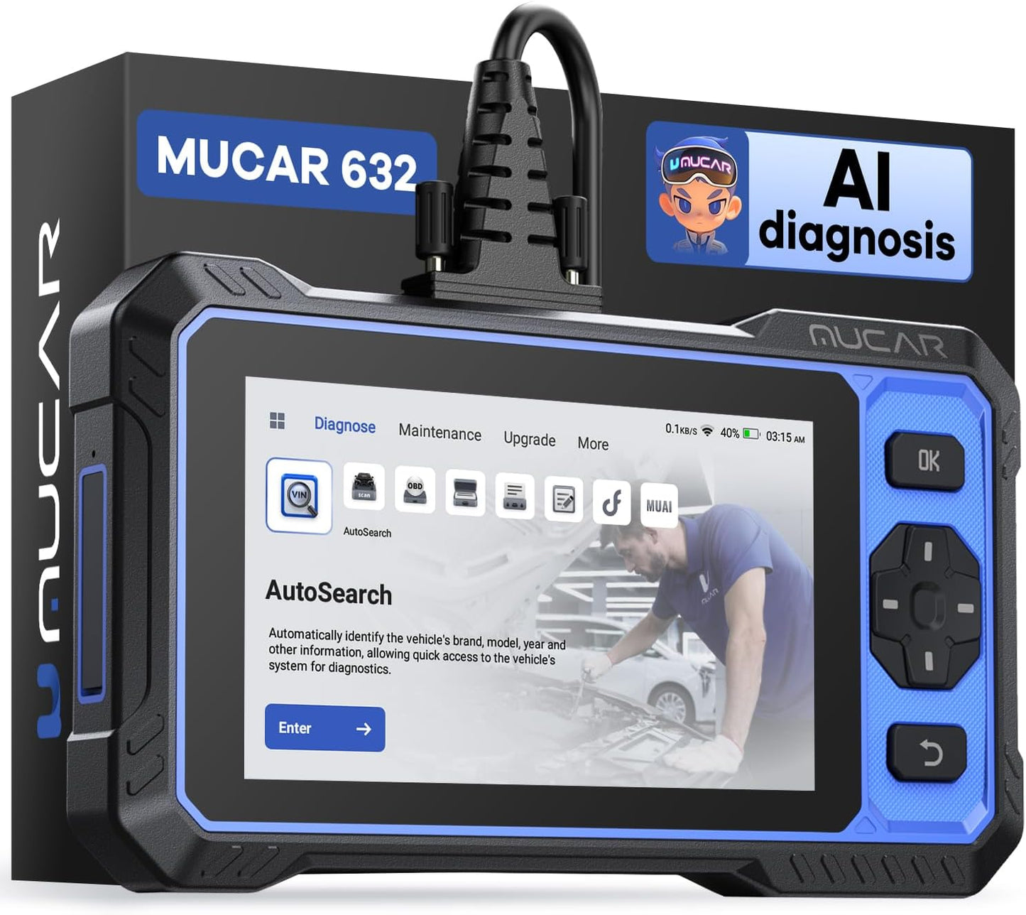 OBD2 Scanner, MUCAR 632 Elite AI-Assisted Bidirectional Scan Tool, 15 Reset Services Oil/TPMS/EPB/BMS/SAS/Brake/Throttle Car Scanner Diagnostic Tool, AutoAuth FCA, CANFD, AutoVIN, Lifetime Free Update