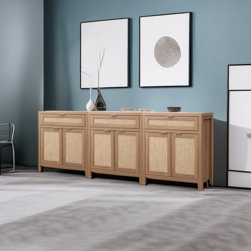 SICOTAS Sideboard Buffet Cabinet Set of 3, Rattan Credenza Storage Cabinet, Boho Buffet Table Console Cabinets with Drawer, Farmhouse Coffee Bar for Living Room, Natural Oak