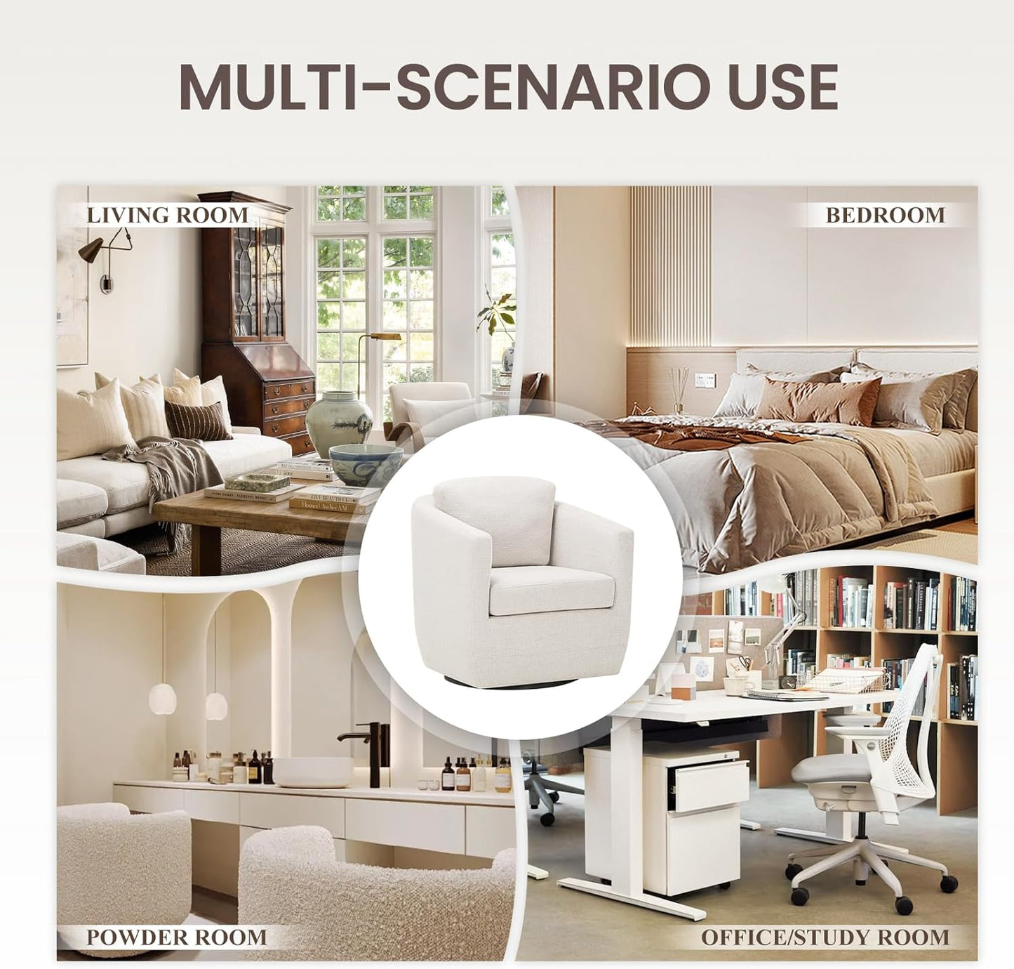 COLAMY 360° Swivel Accent Chair Set of 2 No-Sag Foam & Sturdy Metal Base, Fully Assembled Living Room Armchair with Pillow, Swivel Accent Single Sofa for Bedroom Living Room, Reading Room, Beige