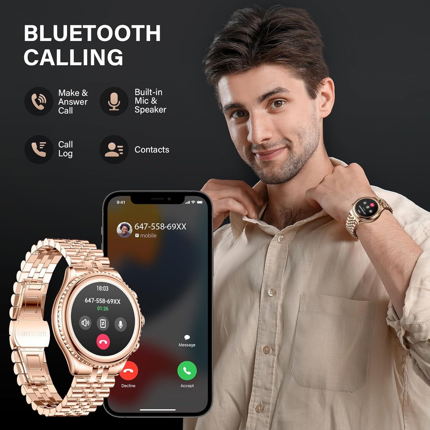 2026 Luxury Smart Watch for Men, Rotating Dial (Axe-Cut Bezel) Smartwatch, 1.32" AMOLED Display, Heart Rate, Blood Pressure, SpO2, Sleep Monitor, Stainless Steel Build, Compatible Android and iOS