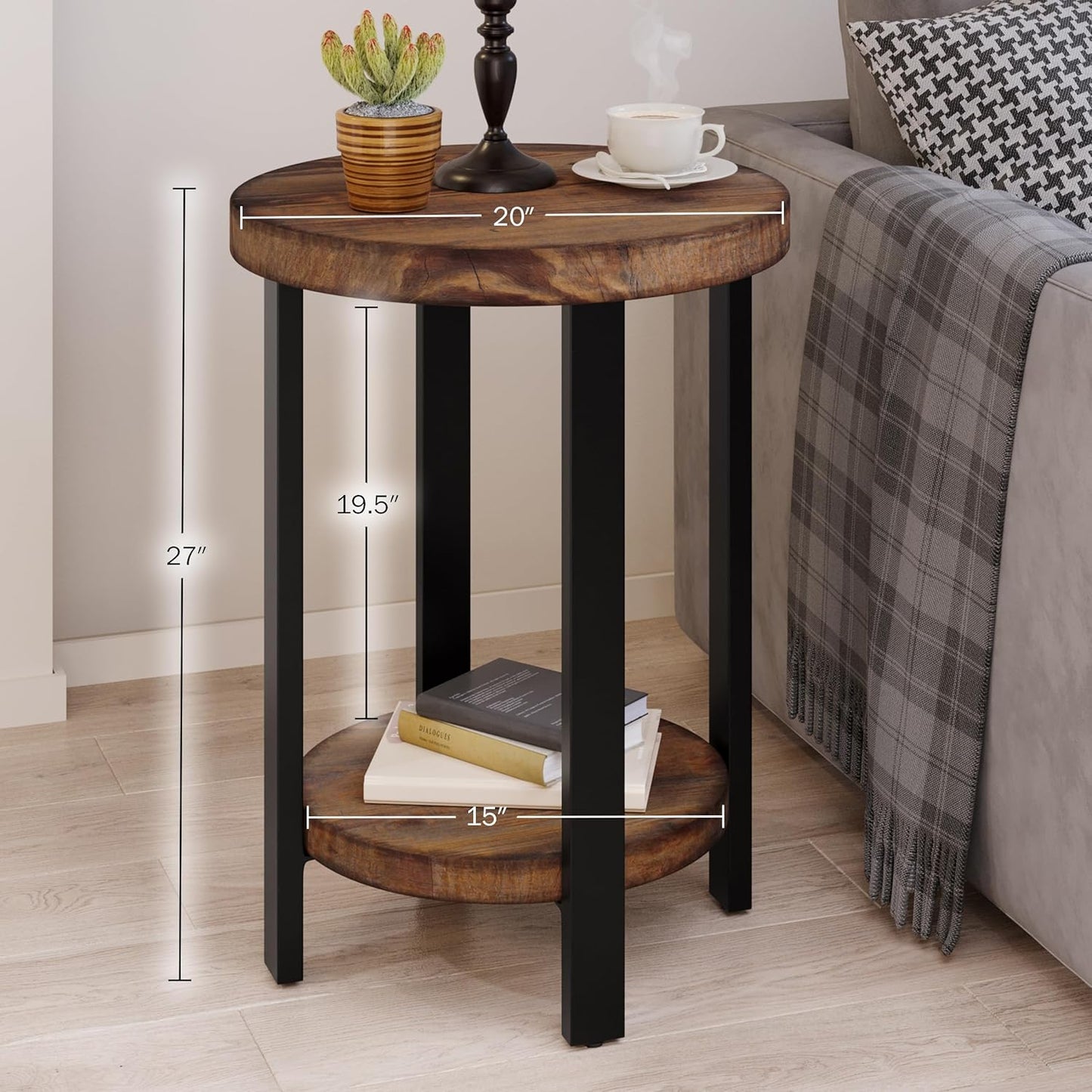 Alaterre Furniture Pomona Living Room Set of 2 Solid Wood Small Round End Tables with Shelf and Metal Legs – 2-Tier Modern Rustic Side Table or Nightstand (Rustic Brown)