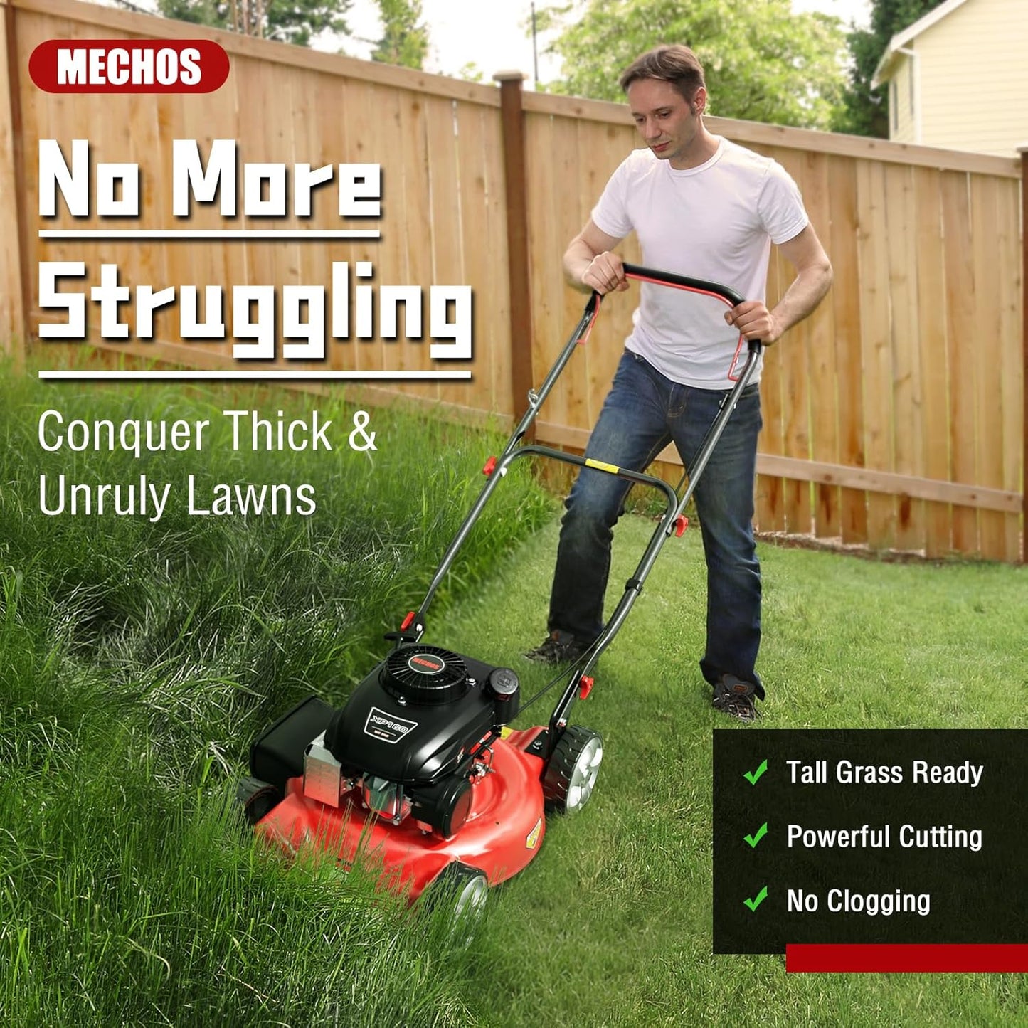 MECHOS 20'' 144cc 4-Cycle Engine 3-Position Cutting Height Adjustment 2-in-1 Gas Walk Behind Lawn Mower, Black, Hand Push