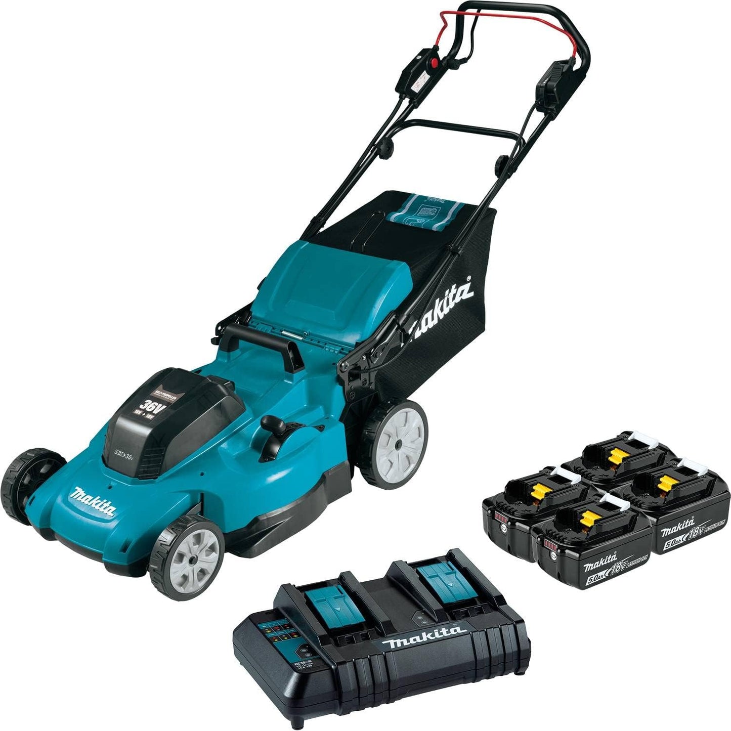 Makita XML11CT1-R 36V (18V X2) LXT Brushed Self‑Propelled Lithium-Ion 21 in. Cordless Lawn Mower Kit with 4 Batteries (5 Ah) (Renewed)