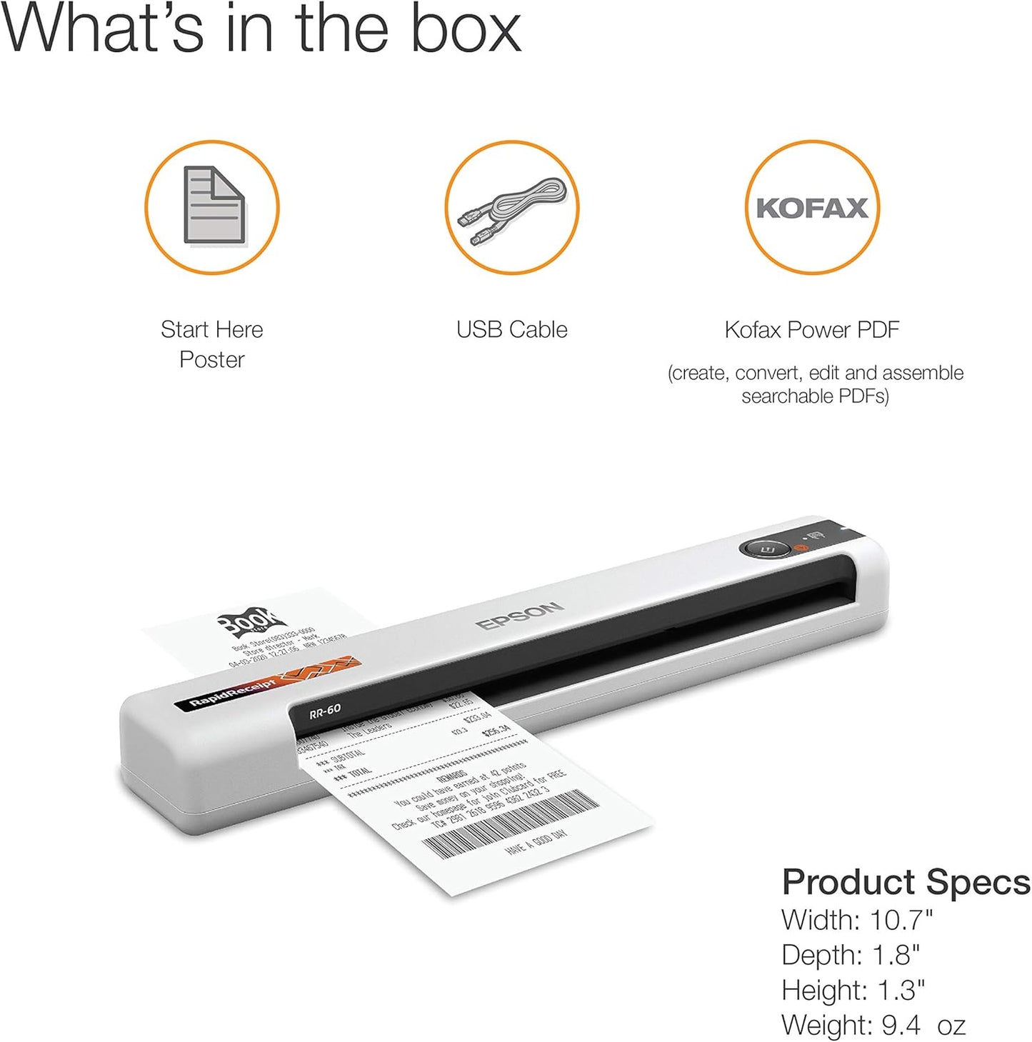Epson RapidReceipt RR-60 Mobile Tax Receipt and Color Document Scanner with Complimentary Data Management Software for PC & Mac