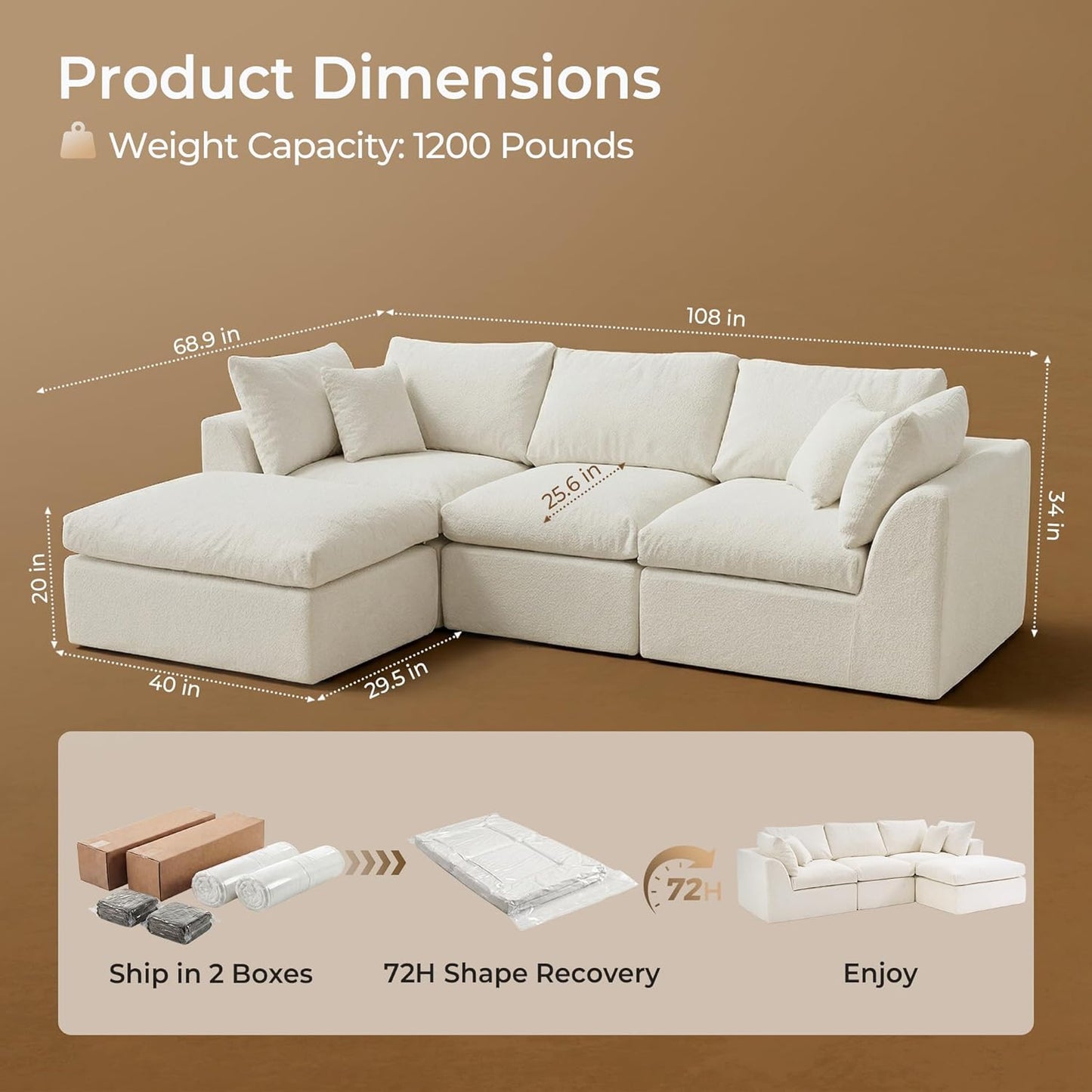 Amsleekey 108" Cloud Sectional Couches, with 1 Extra Washable Cover, L Shaped 25.6" Deep Seat Couch with Ottoman, Oversized Comfy Living Room Sofa, DIY Color Refresh (White Sofa + Gray Cover Set)