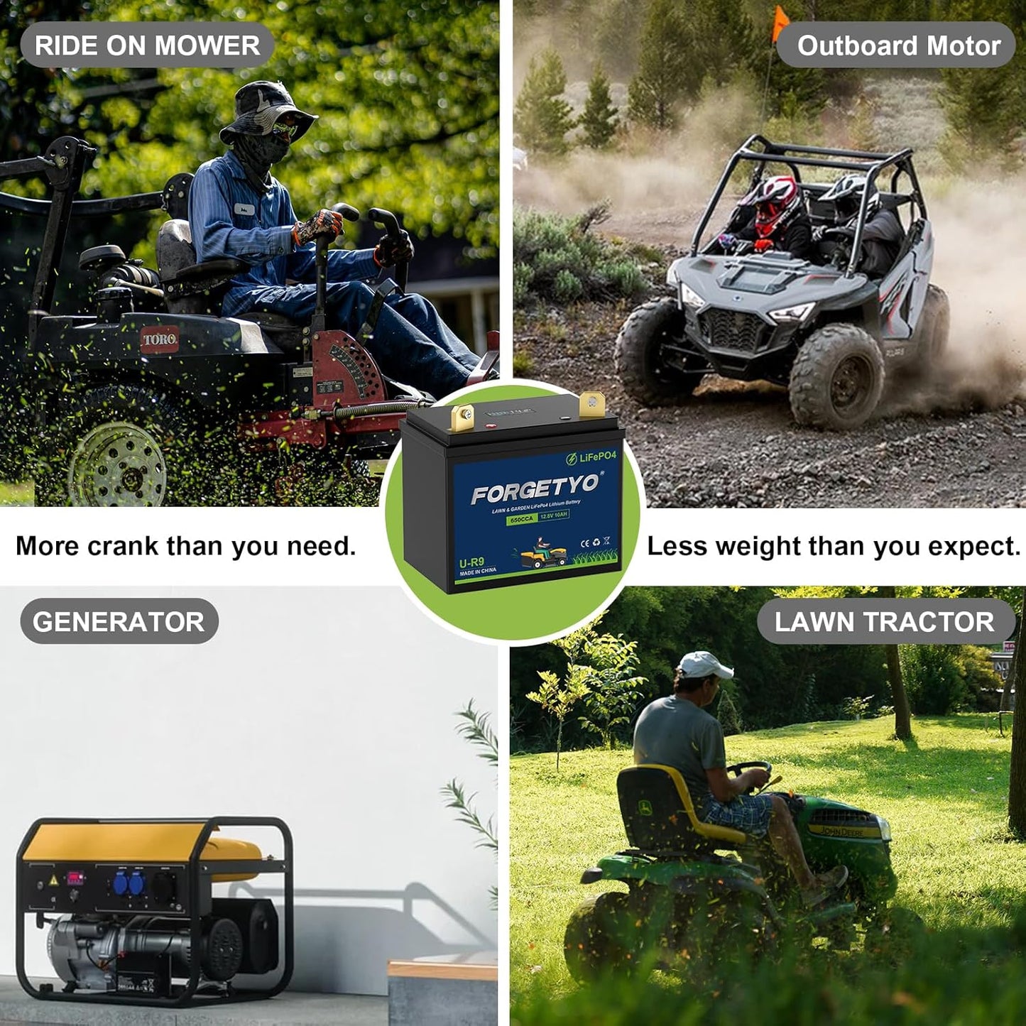 U-R9 Riding Lawn Mower Battery, 12V 10Ah 650CCA Lithium LiFePO4 Garden Tractor Starting Battery, Compatible with John Deere,Cub Cadet,Craftsman,Troy-Bilt Mower, and Generator
