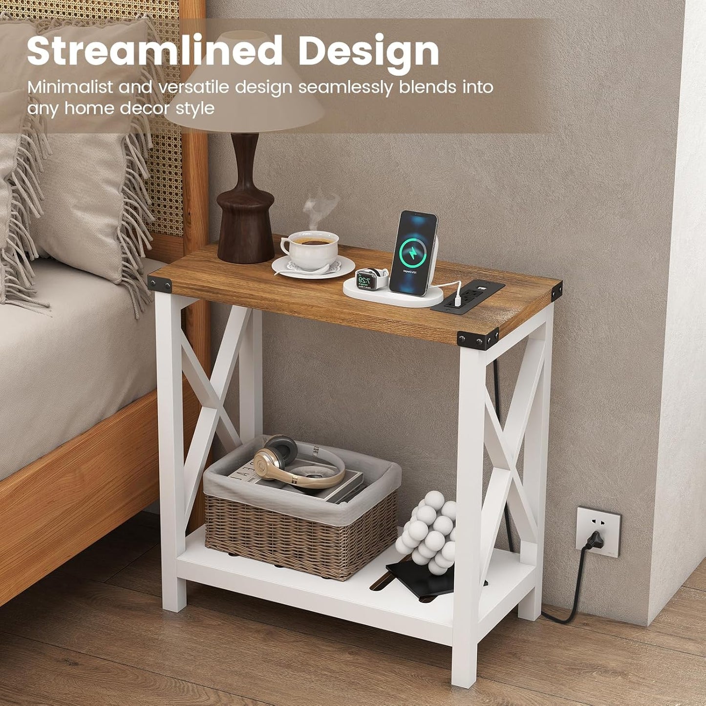 Hadulcet Farmhouse End Tables Living Room Set of 2, Narrow Side Table with Charging Station, Slim Nightstand for Small Space, Skinny Bedside Table, Sofa Side Table with Storage Shelf, White & Brown