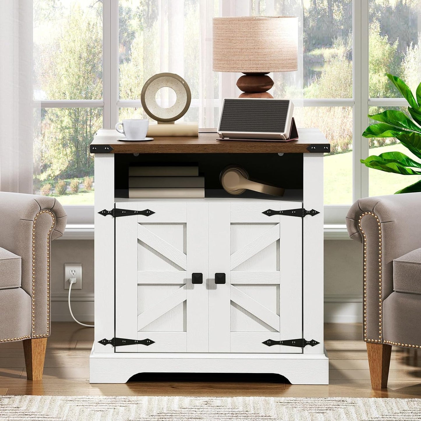 HOOBRO Farmhouse End Tables Set of 2 with Charging Station, 23.6" Large End Table for Living Room, Sofa Side Table with Barn Door, Wooden Square Nightstand Bedside Table, White and Walnut WH601UBZP201
