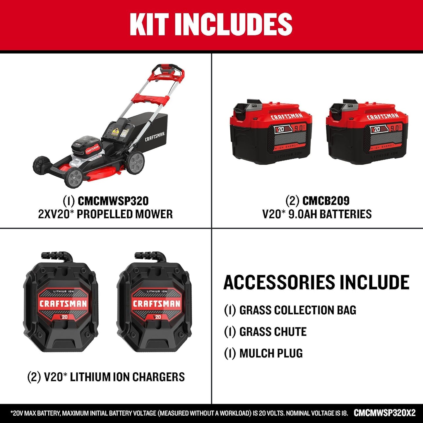 CRAFTSMAN V20 BRUSHLESS RP 21 in Rear Wheel Driver Mower, 2 x 9Ah Batteries and 2 Chargers Included, Up to 70 Min of Runtime, Self-Propelled, LED Headlights, Dual Blades (CMCMWSP320X2)
