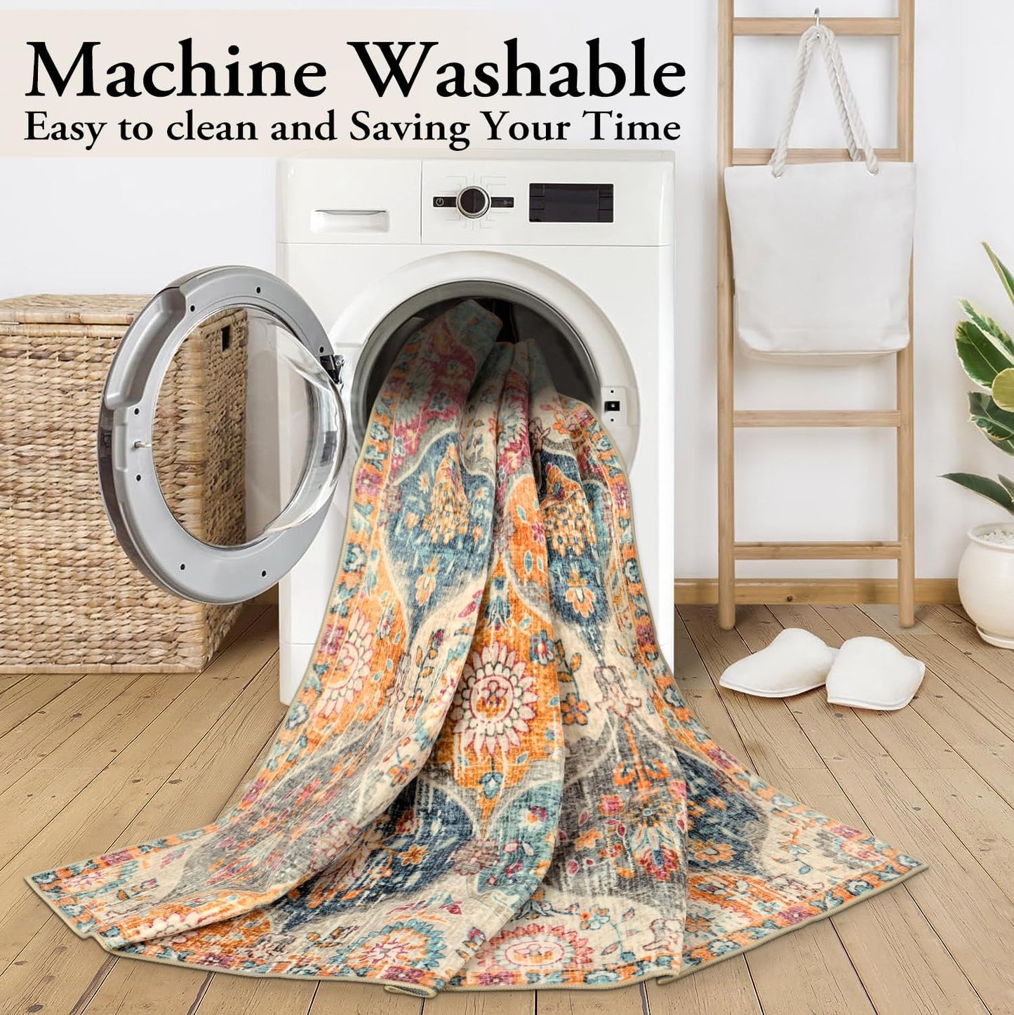 Lahome Moroccan Washable Area Rugs 8x10, 8x10 Rugs for Living Room Bedroom, Non Slip Low Pile Distressed Stain Resistant Rug for Kids Pets High Traffic Areas Elise, Burnt Orange