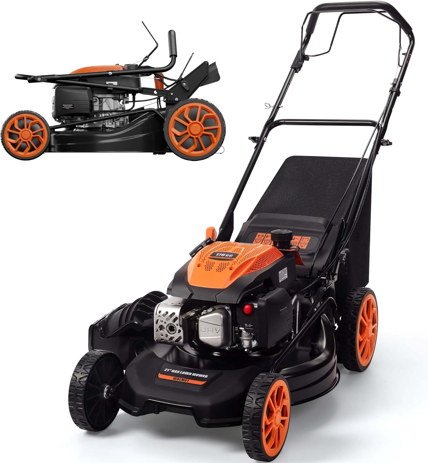 21" Self-Propelled Gas Lawn Mower – 170CC 4-Stroke Engine, 7 Cutting Heights, 3-in-1 Mulch/Bag/Discharge, 1.9-Bushel Large Grass Collector, EPA Compliant