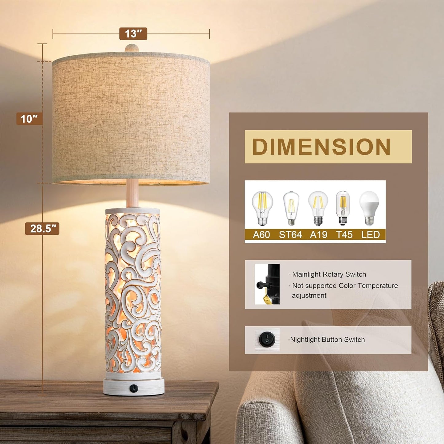 OYEARS 2-in-1 Light Table Lamp Set of 2 for Living Room, 28.5" Farmhouse Bedside Lamps with USB Charging Port, Main&Night Light & Dual Switches, Nightstand Lamp for Bedroom Home Office(Bulb Included)
