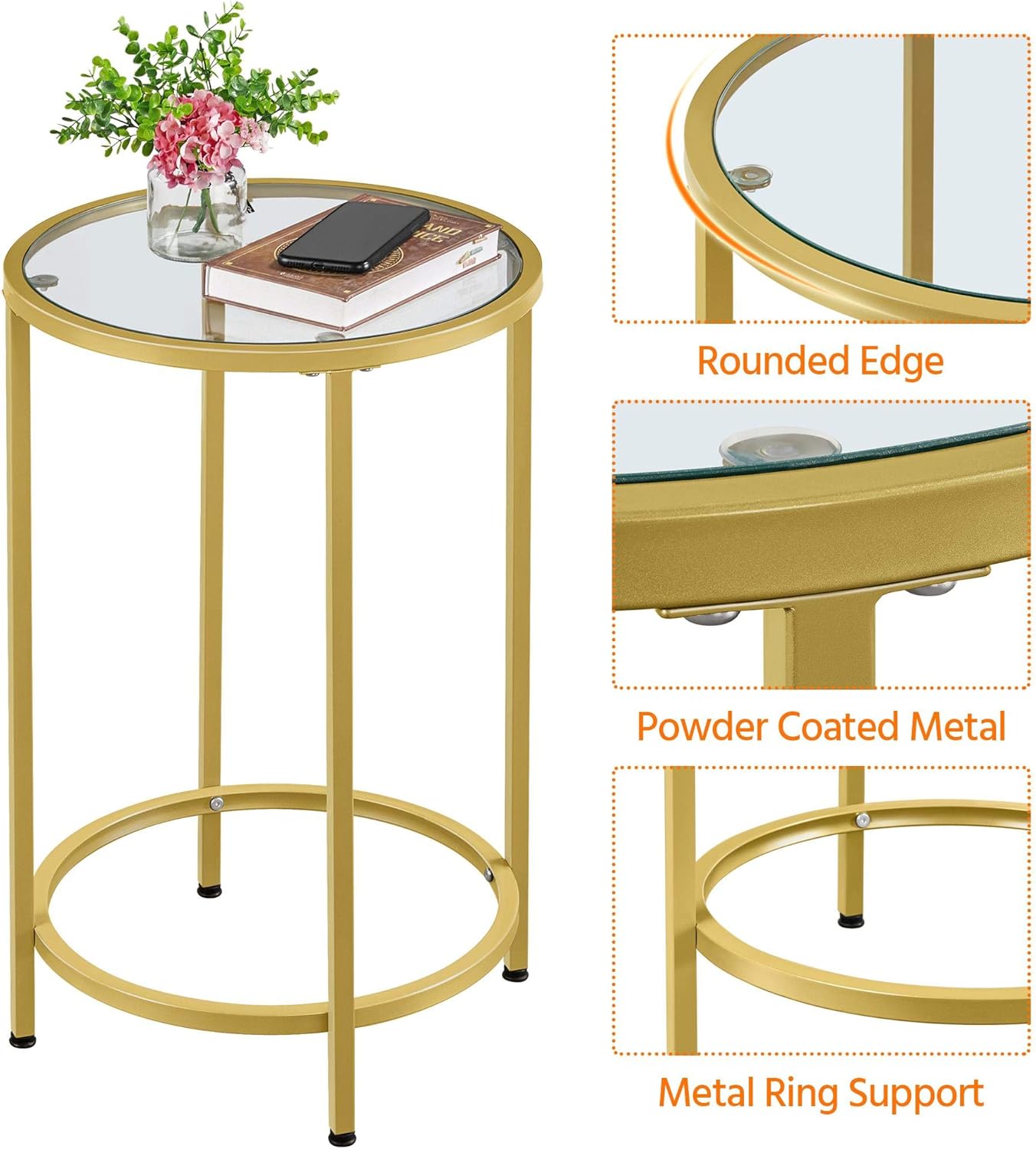 Yaheetech Coffee Table Set of 3, Round Coffee Table & 2pcs Accent End Table Easy Assembly w/Glass-Top Surface & Reinforced Frame for Living Room,Apartment,Small Space,Mustard Gold