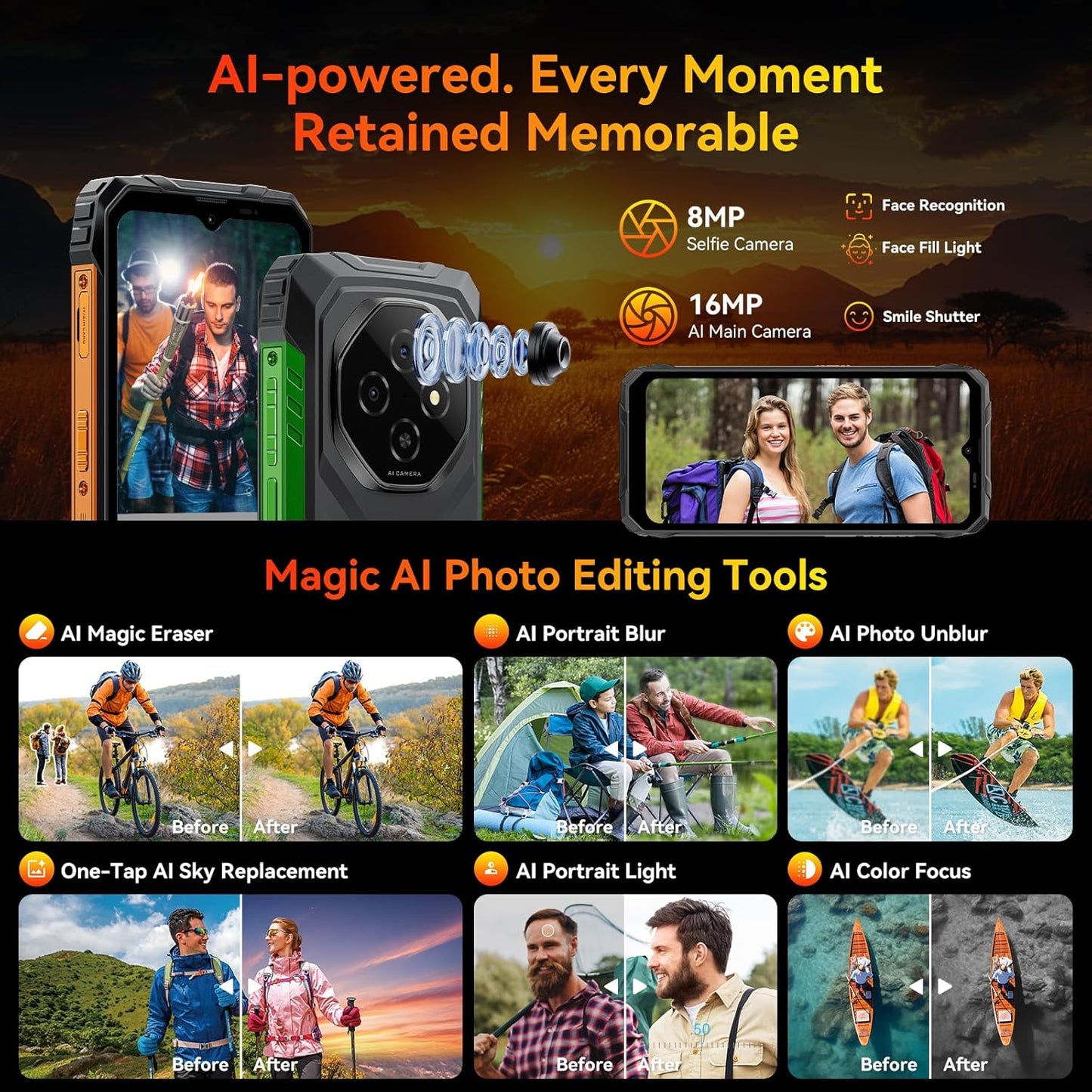 Blackview Fort 1 Rugged Phone Android 15, 18GB+256GB 2TB Expand 10000mAh Battery Rugged Smartphone Unlocked, Gemini AI 6.56 Inch 90Hz, 4G T-Mobile Dual SIM IP69K Waterproof, Fingerprint/NFC/OTG/GPS