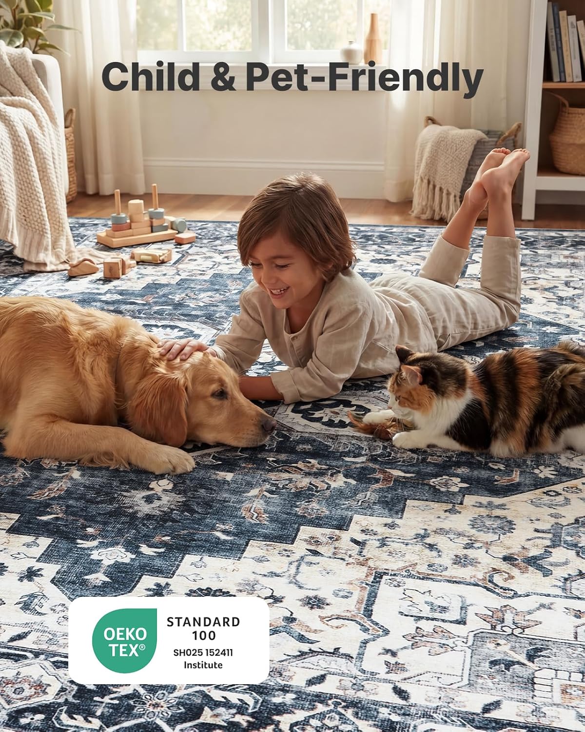 AMADA HOMEFURNISHING 9x12 Washable Area Rug, Low-Profile Large Area Rug with Non-Slip Backing & Durable Edge Binding, Vintage Large Rugs for Living Room, Bedroom & Dinning Room