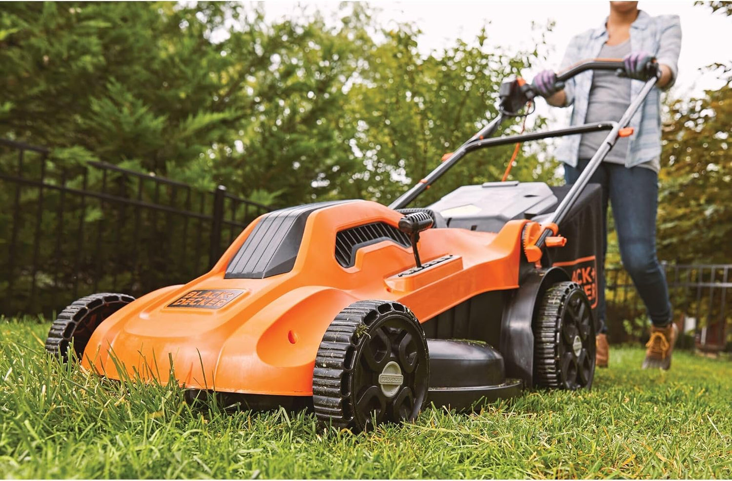 BLACK+DECKER Electric Push Lawn Mower, Corded, 13 Amp, 20-Inch Cutting Deck, 6 Setting Height Adjustment, Compact Storage, Collection Bag (BEMW213)