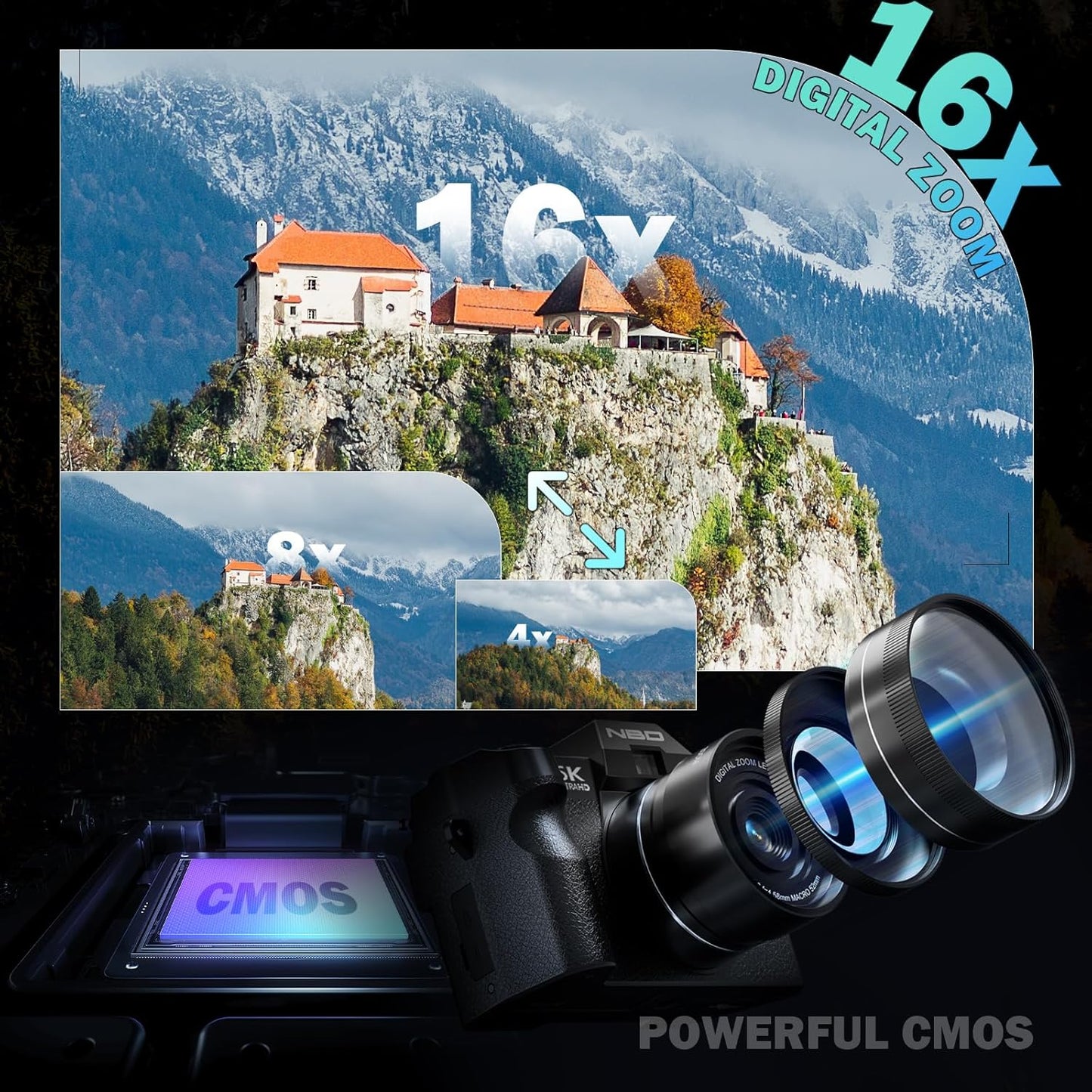 5K Digital Cameras for Photography 64MP - 16X Zoom, WiFi, with 64GB TF Card, Macro Lens & Wide-Angle, Autofocus & Anti-Shake, Vlogging Camera for YouTube Travel (Black)