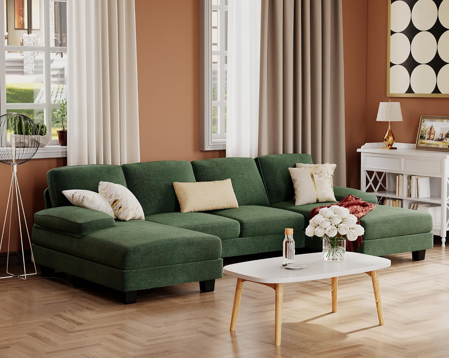 Furmax Sectional Couches for Living Room, U-Shaped Sofa Couch with Linen Fabric, 4 Seat Sofa Set with Double Chaise for Apartment (Chenille, Green)