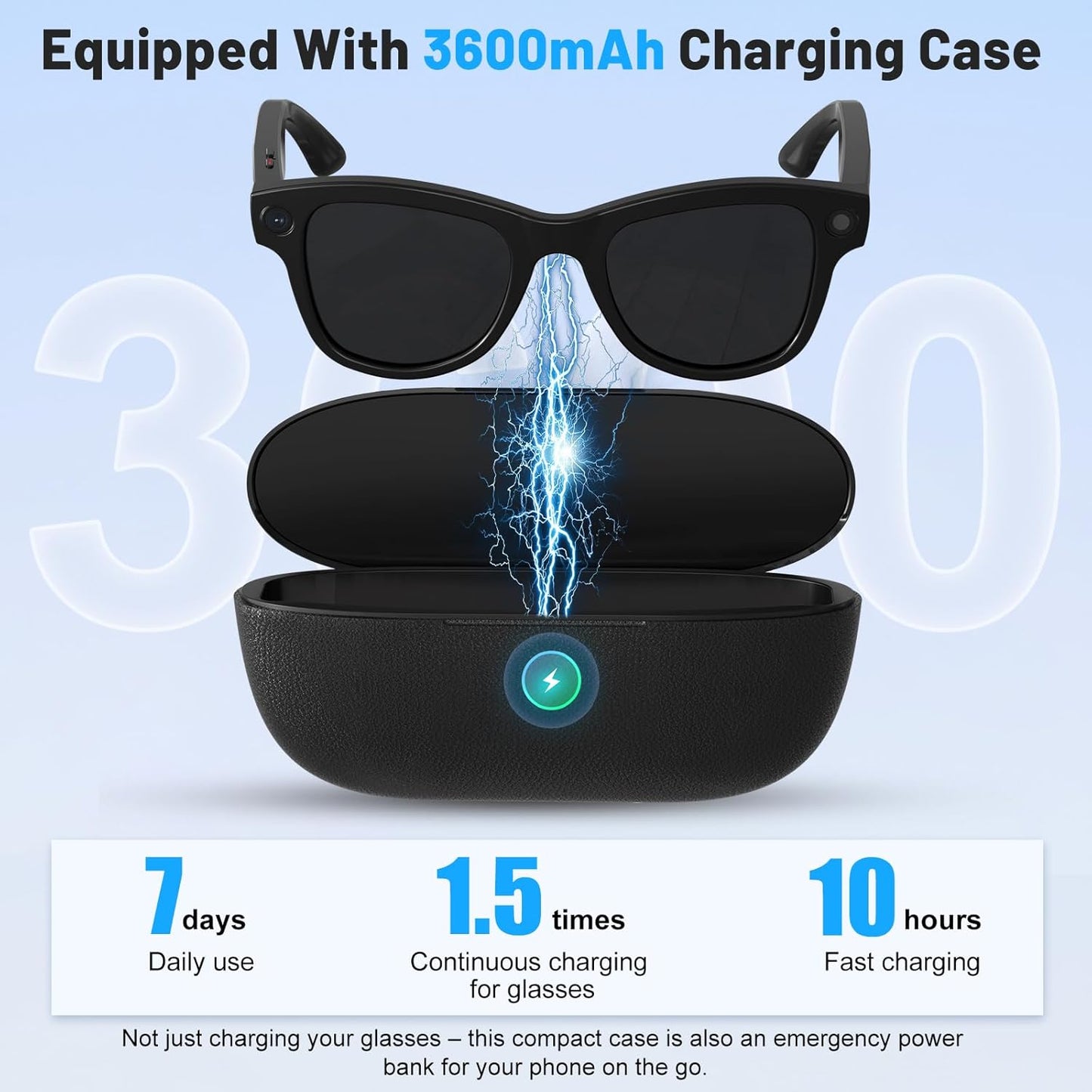 Smart Glasses with Camera with 3600mAh Charging Case, 8MP HD Video Recording with Anti-Shake POV Camera, AI Voice Assistant, Photochromic Glasses with AI Translation for Travel Vlog Business