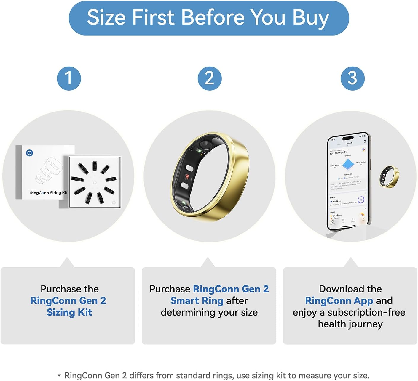 RingConn Gen 2, World's First Smart Ring with Sleep Apnea Monitoring, No APP Subscription, 12-Day Battery Life, Stress/Heart Rate/Women's Health Tracker, Android & iOS Compatible (Gold, Size 8)