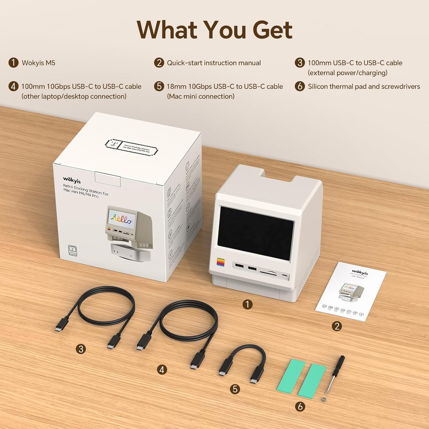 M5 Retro Dock Station for Mac mini M4, 5'inch HD Display, 10Gbps M.2 NVMe SSD Enclosure, SD/Micro SD Reader 4.0, 4*USB-A 1*USB-C 10Gbps, 3.5mm Earphone Jack,