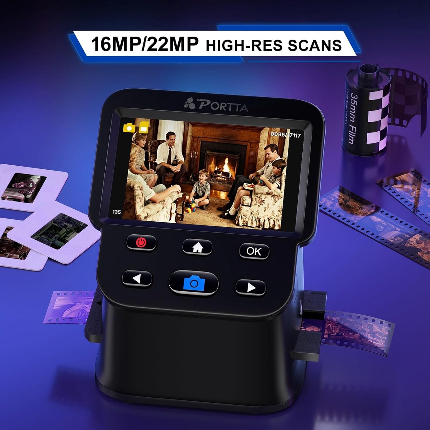 PORTTA Film Scanner with 5" LCD Screen, 22MP Slide & Negative Scanner, Converts 135, 126, 110 Film & Slides to Digital Photos, HDMI Output, SD Card Storage, No Computer Required