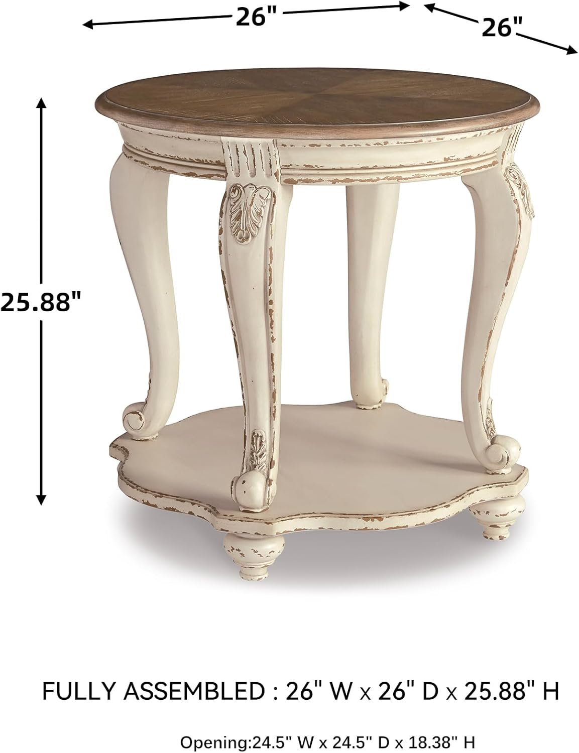 Signature Design by Ashley Realyn Round End Table, Cottage-Style Side Table with Antiqued Two-Tone Finish, Wood & Veneer Construction for Living Room or Bedroom, White/Brown