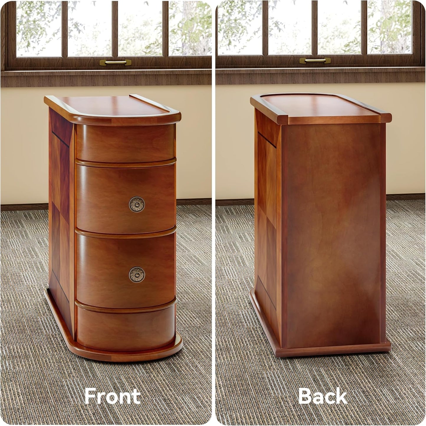 LITTLE TREE End Table Set of 2, No Assembly Required Wood End Table with 2 Drawers, Sofa Side Table for Living Room, Vintage Slim Nightstand Bedside Table for Bedroom
