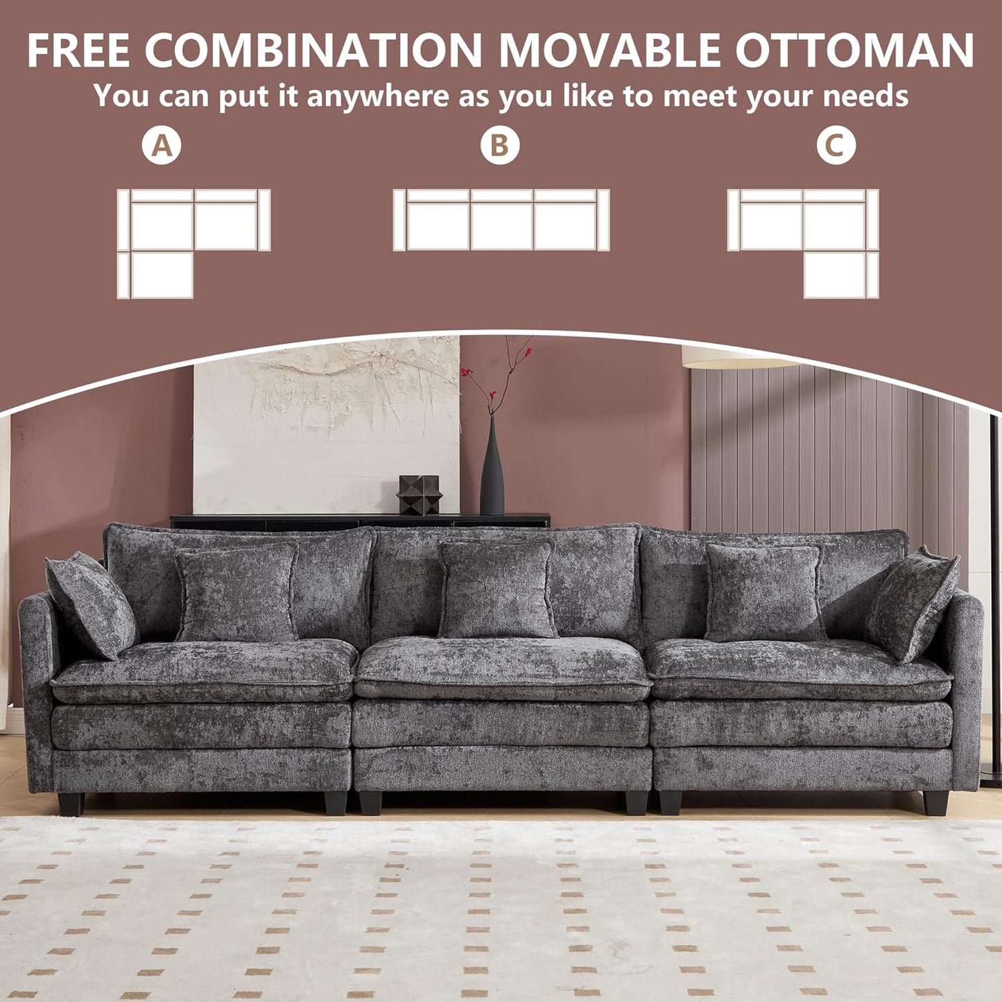 Cloud Modular Sectional Sofa, U-Shaped Deep Seat Oversized Couch for Large Living Room, Pet-Friendly Chenille Fabric Sofa Setfor Family Movie Nights