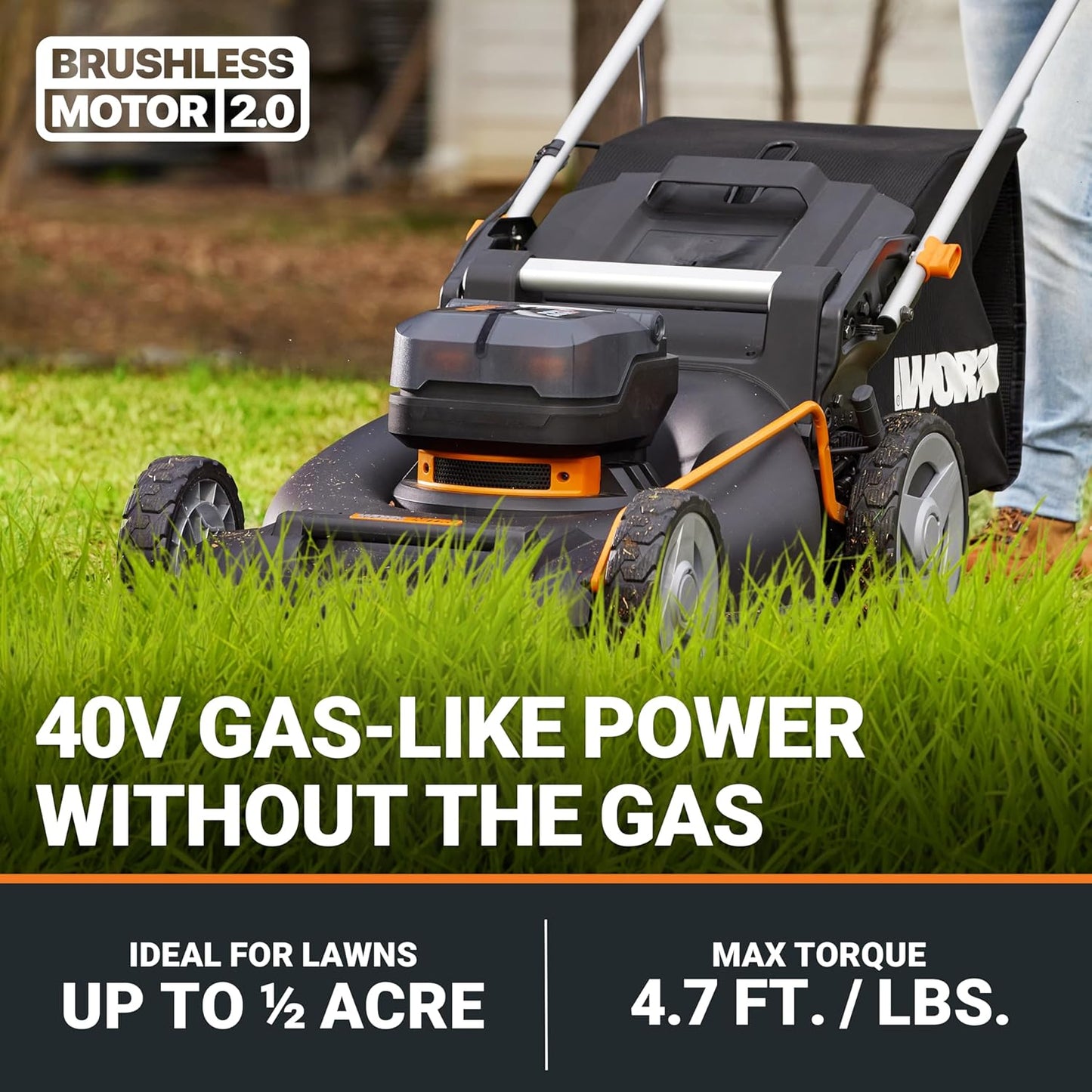 WORX Nitro 21" Cordless Lawn Mower, Brushless Electric Mower for 1/2 Acre, Push Lawn Mower with 7-Position Height Adjustment, 2 × 5.0 Ah Batteries & Charger Included, WG752