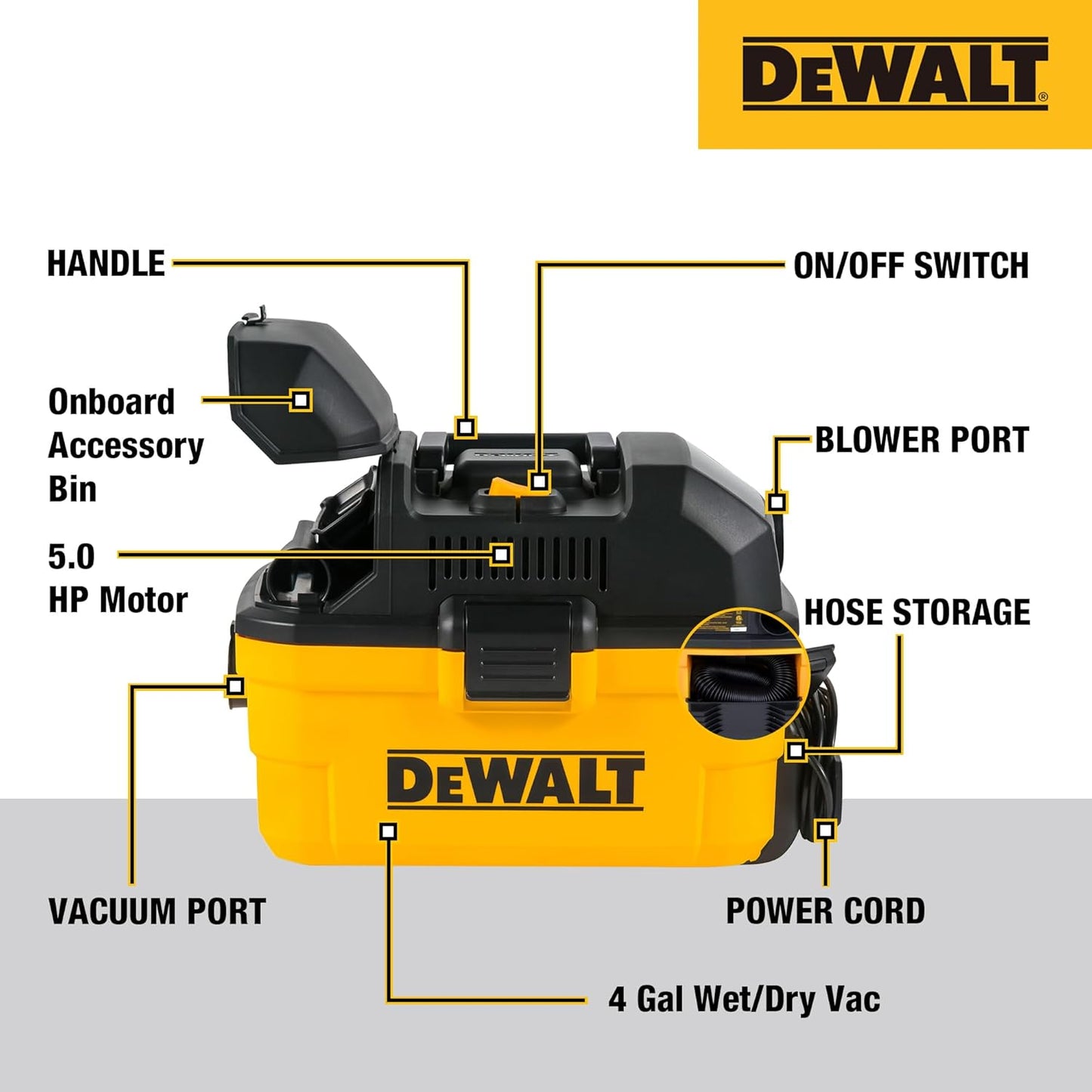 DEWALT DXV04T 4 Gallon Wet/Dry Shop Vacuum, 5 Peak HP Portable Corded Vac with Utility and Crevice Nozzles