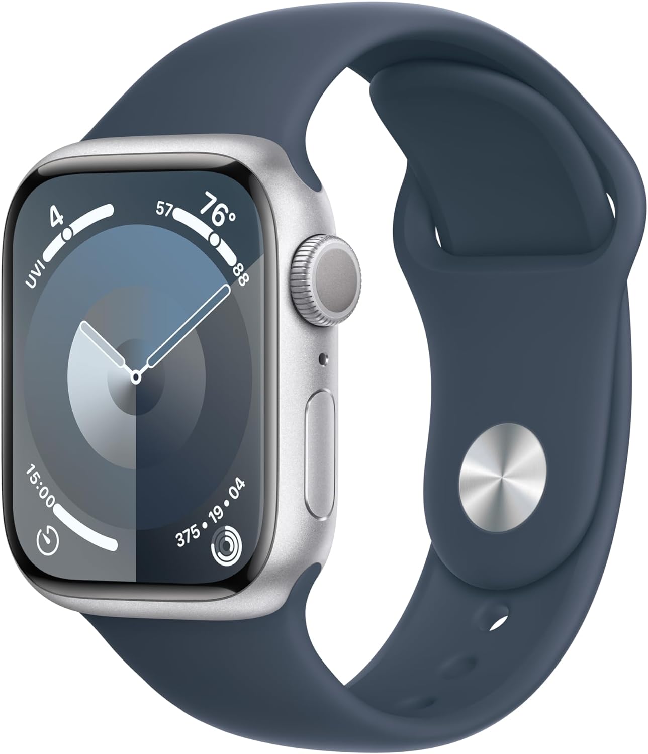 Apple Watch Series 9 GPS 41mm Smartwatch with Silver Aluminum Case with Storm Blue Sport Band S/M. Fitness Tracker, Blood Oxygen & ECG Apps, Always-On Retina Display