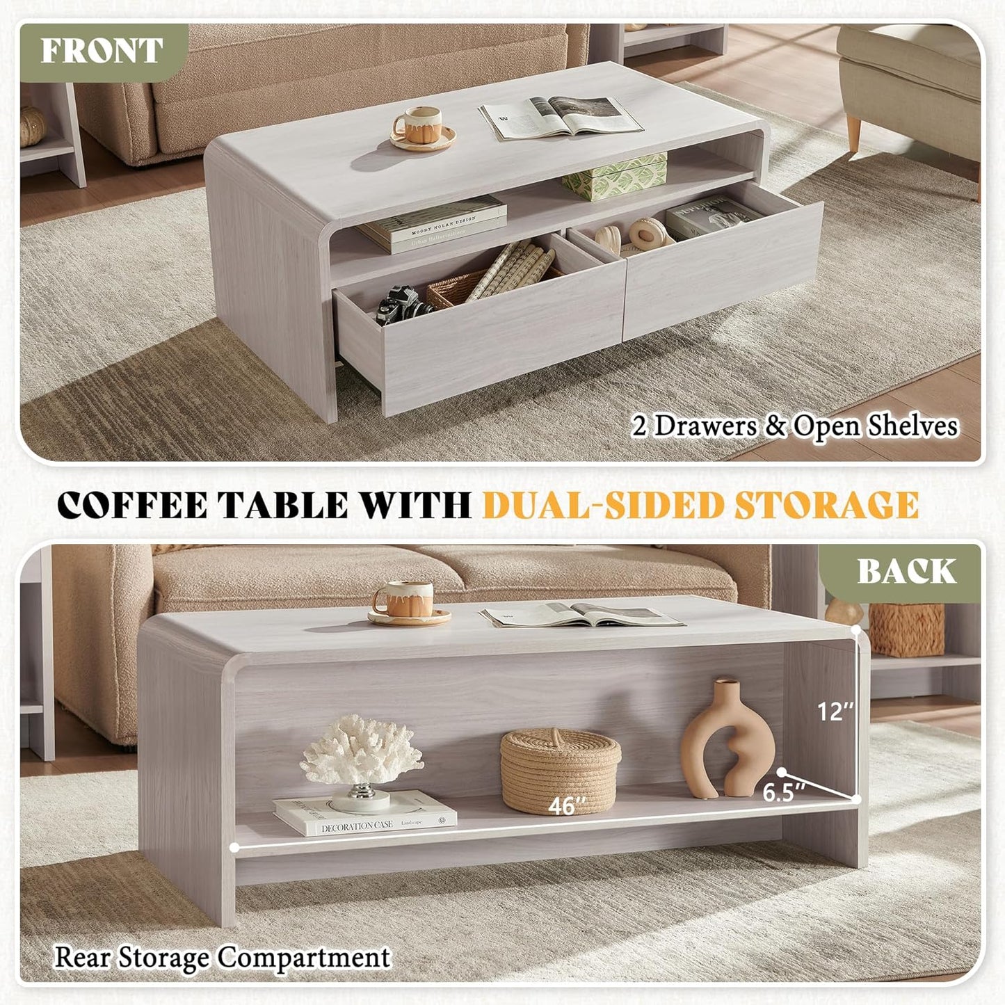 AMERLIFE 3-Piece Living Room Table Set, Includes Coffee Table & 2 End Tables, Modern Coffee Table Sets with Large Storage Drawers & Smooth Rounded Edges, White