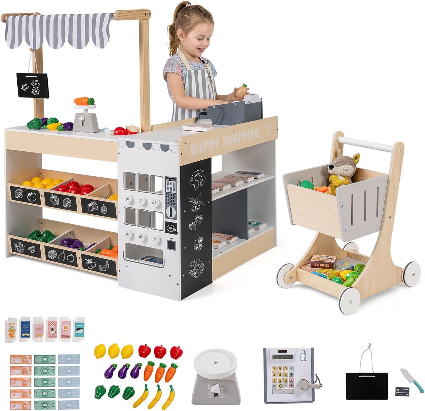 Costzon Kids Grocery Store Playset, Wooden Play Store w/Lights & Sound, Shopping Cart, Blackboards & Cash Register, Toddler Toy Grocery for Boys and Girls Ages 3+ (Natural, 35.5" x 31" x 41")