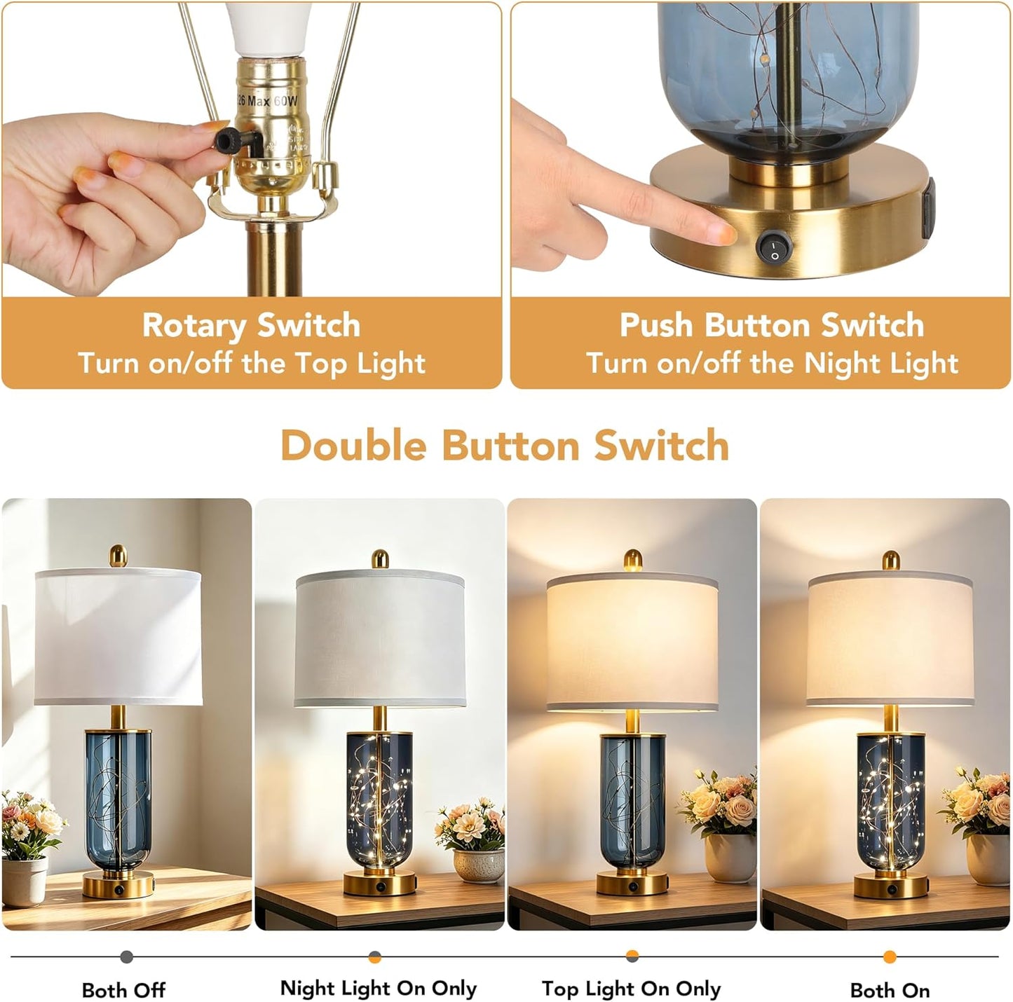 ROTTOGOON 23" Bedside Table Lamps for Living Room, Blue Glass Nightstand Lamps Set of 2 with USB A+C Charging Ports and Night Light Modern Table Lamp for Bedroom End Table (Bulbs Included)