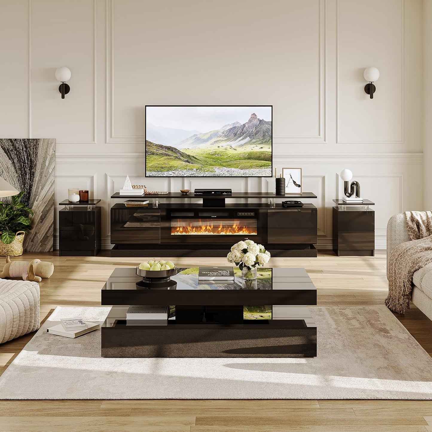 4-Piece Modern Living Room Table Set, Includes High Gloss 70" Fireplace TV Stand, 47" LED Coffee Table and 15" End Tables Set of 2 with Storage Drawers, Black